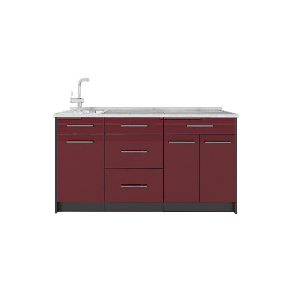 Vicco Küchenzeile Fame-Line, Bordeaux Hochglanz, 150 cm, AP Marmor