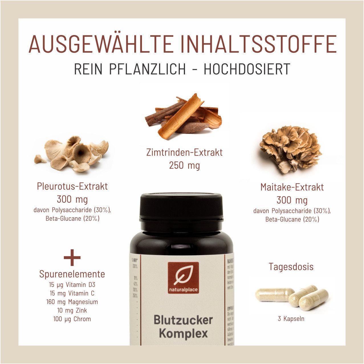 naturalplace® Blutzucker Komplex mit Vitalpilzen, Mineralstoffen & Vitaminen, 60 Kapseln, Zur Auftrechterhaltung eines normalen Blutzuckerspiegels - Zellschutz
