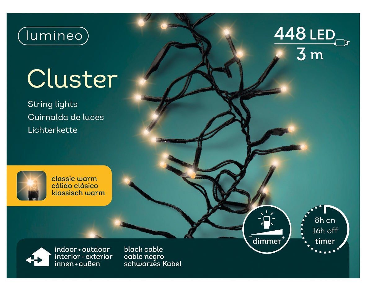 Lumineo LED-Lichterkette Lumineo Lichterkette Cluster 448 LED 3 m klassisch warm, schwarz, Dimmbar, Timer, Indoor, Outdoor