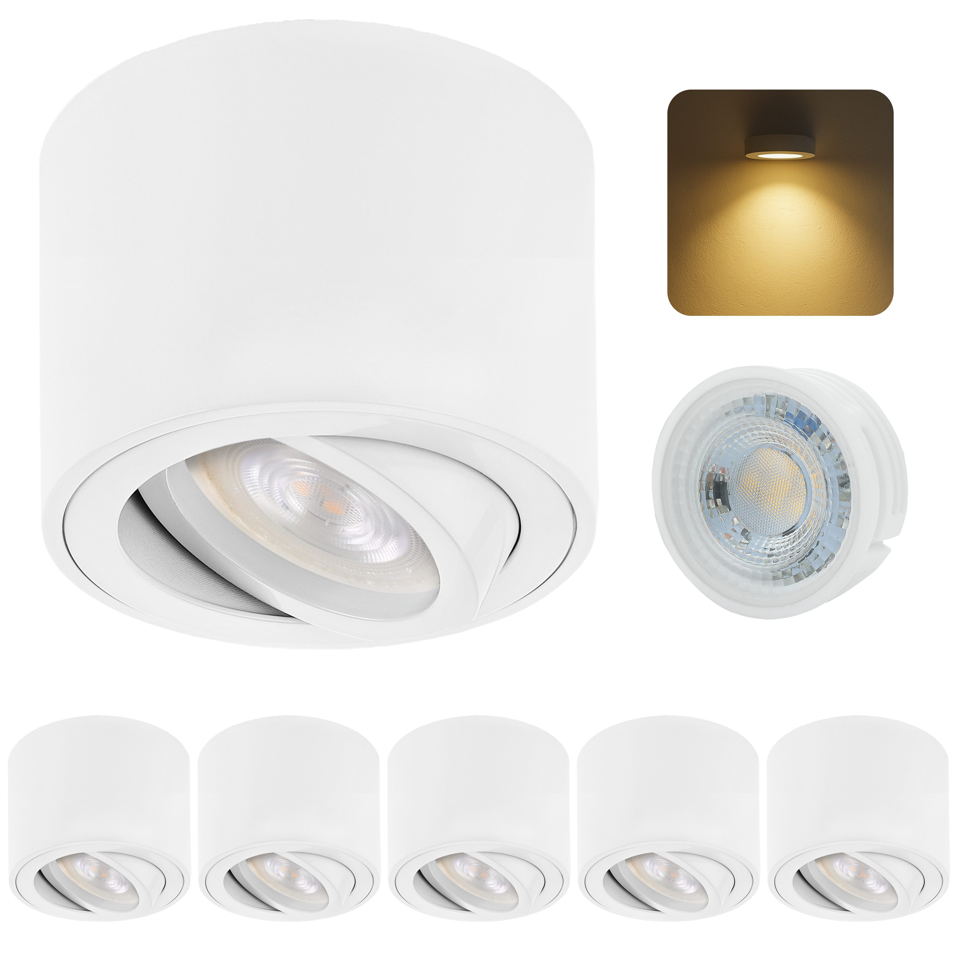 Sweet LED LED Накладной прожектор 6er Set flache LED Aufbauspots - rund & schwenkbar, 5 W, 230V, LED wechselbar, Warmweiß, LED Deckenlampe, Deckenspot, Deckenstrahler