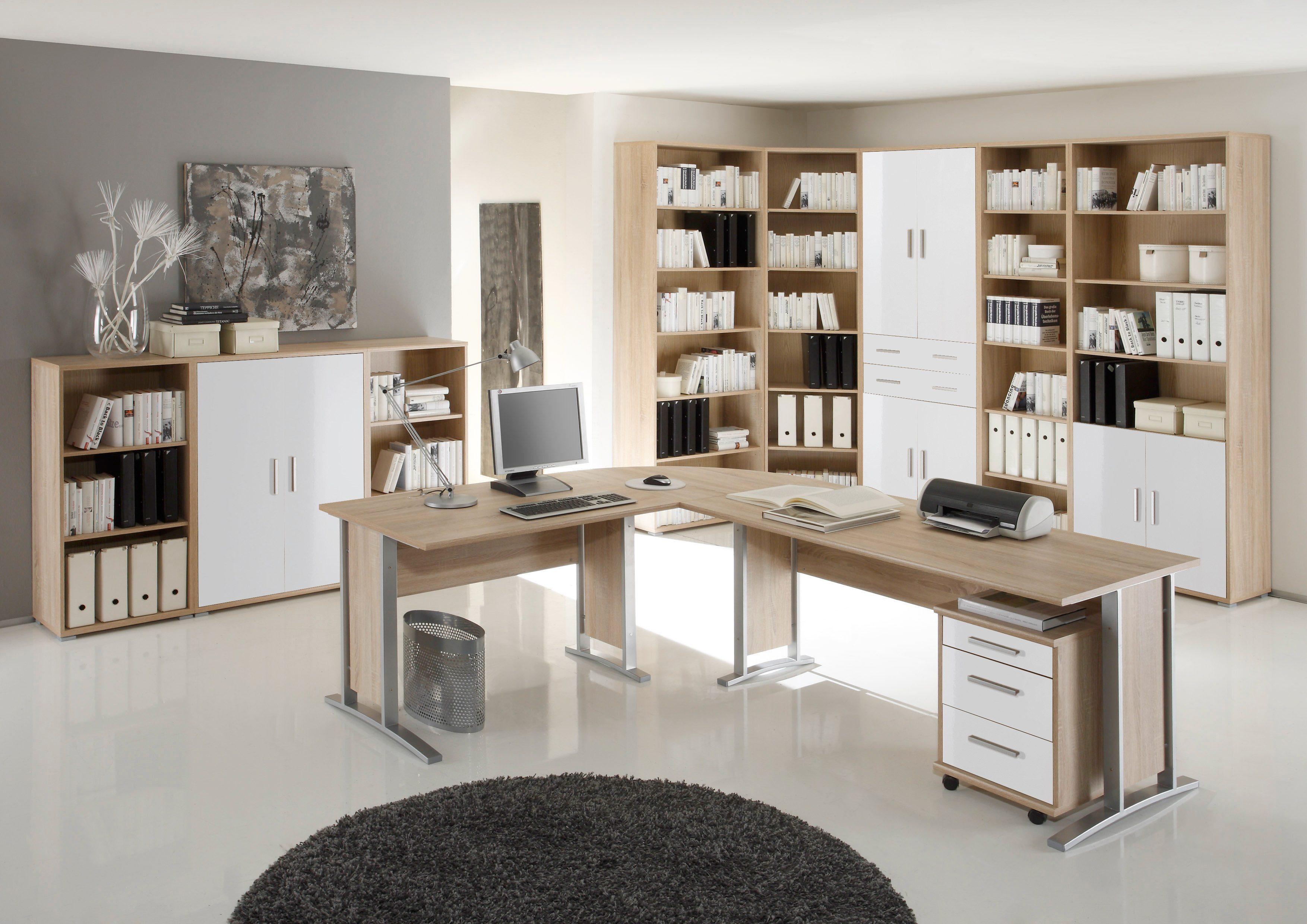 moebel-dich-auf Büromöbel-Set OFFICE LINE 220, (Komplett-Set, 10-tlg., Winkelschreibtisch mit Rollcontainer + 2 Aktenschränke + 6 Aktenregale), in Eiche Sonoma / weiß