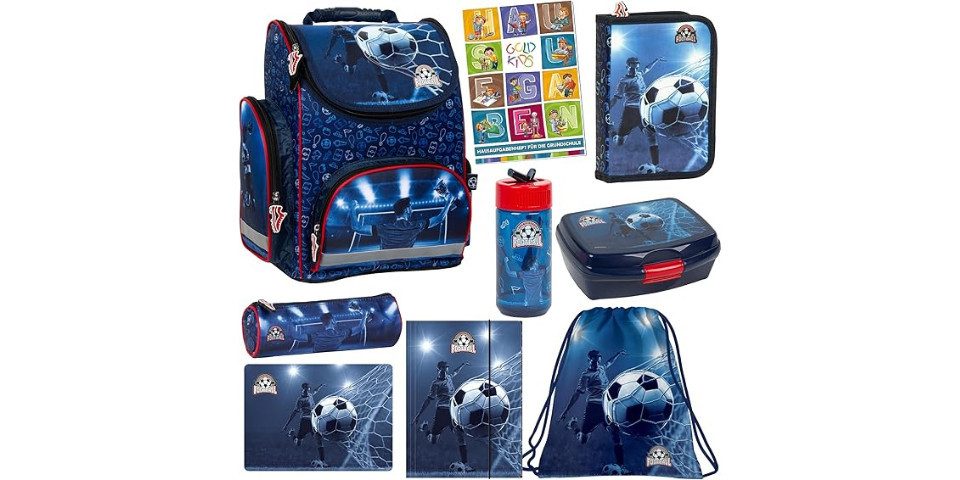 GOLDKIDS Schulranzen für Jungen - Schul-Rucksack für Kinder (mit Federmäppchen - Schuhbeutel und, 1-tlg., Hausaufgabenheft), Fußball Motiv - 1-3 Klasse
