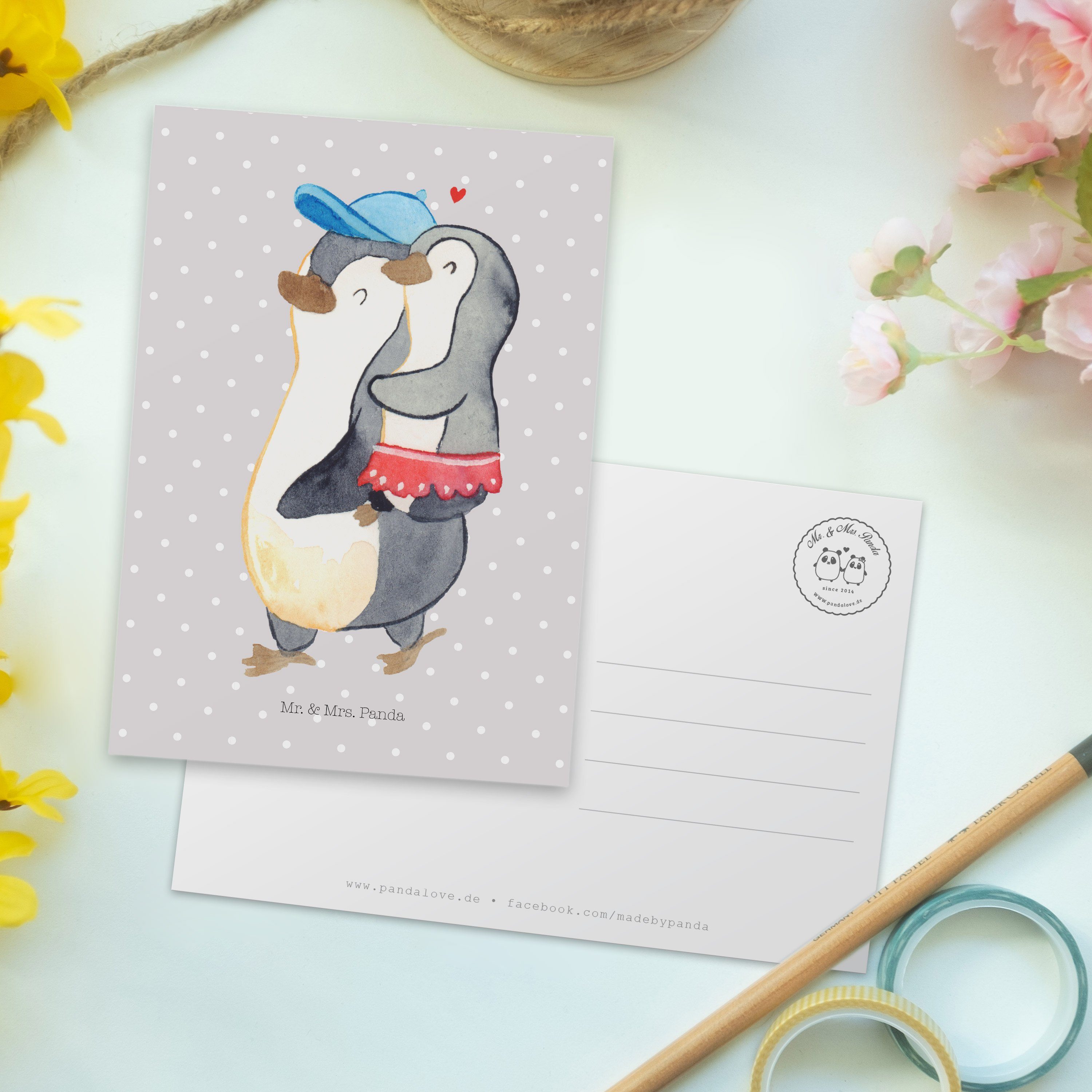 Mr. & Mrs. Panda Pastell Pinguin Schwester Va Ansichtskarte, Geschenk, - Kleine Postkarte Grau 