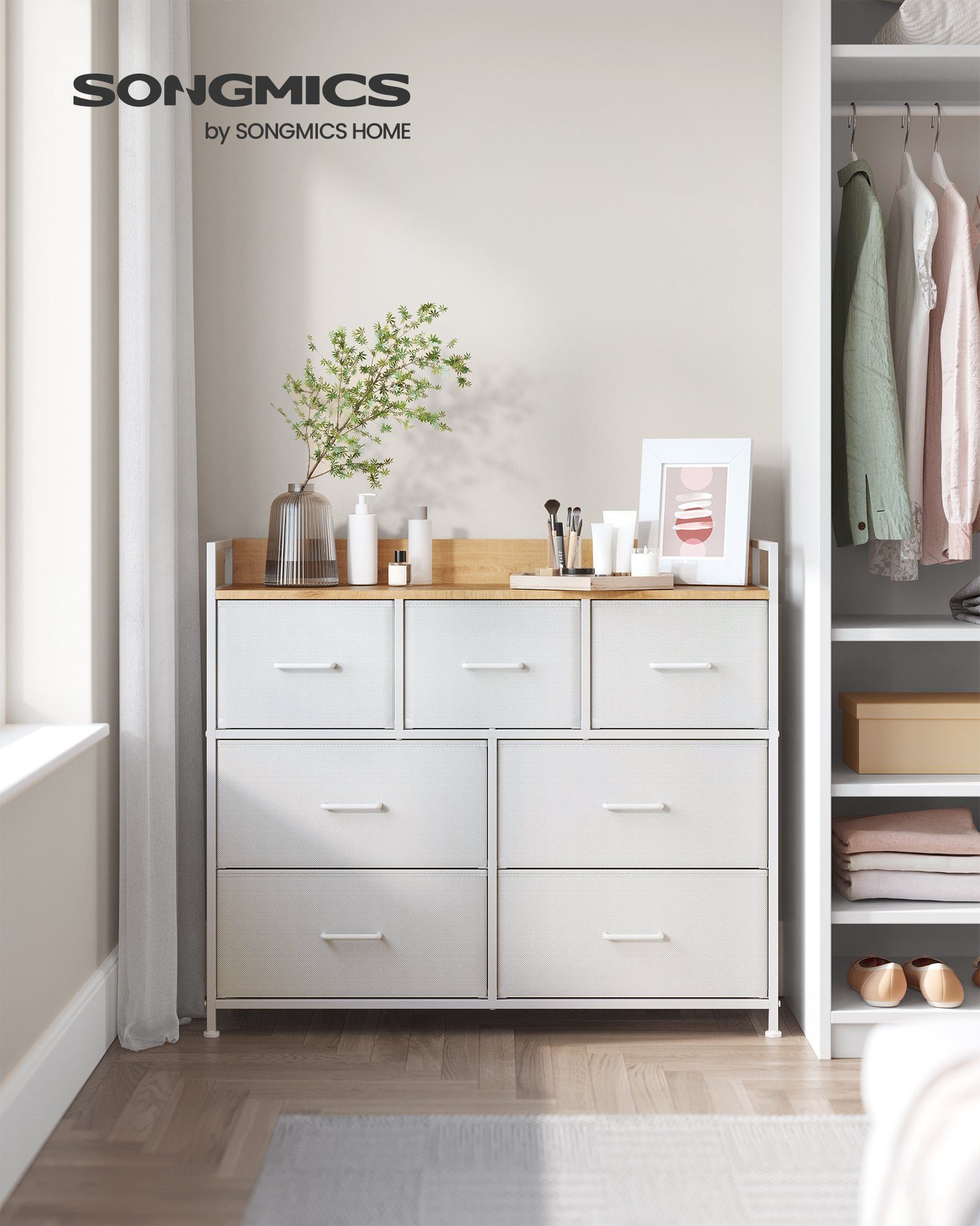 SONGMICS Kommode Schrank, 7 Stoffschubladen, mit Griffen, Metallgestell, Industrie-Design