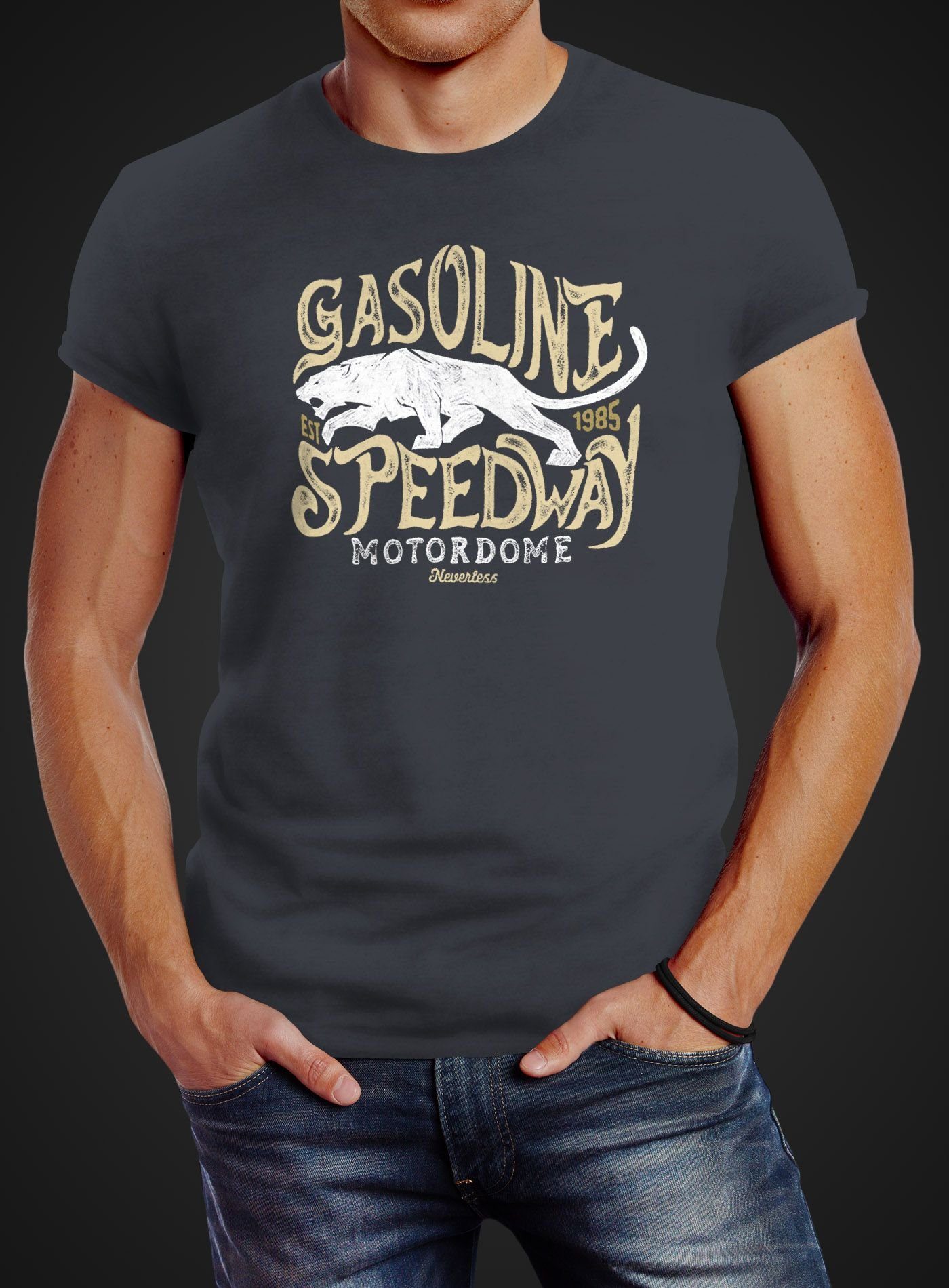 Neverless Print-Shirt Herren grau Print Panther mit T-Shirt Neverless® Slim Gasoline Fit Printshirt Speedway Motiv vintage