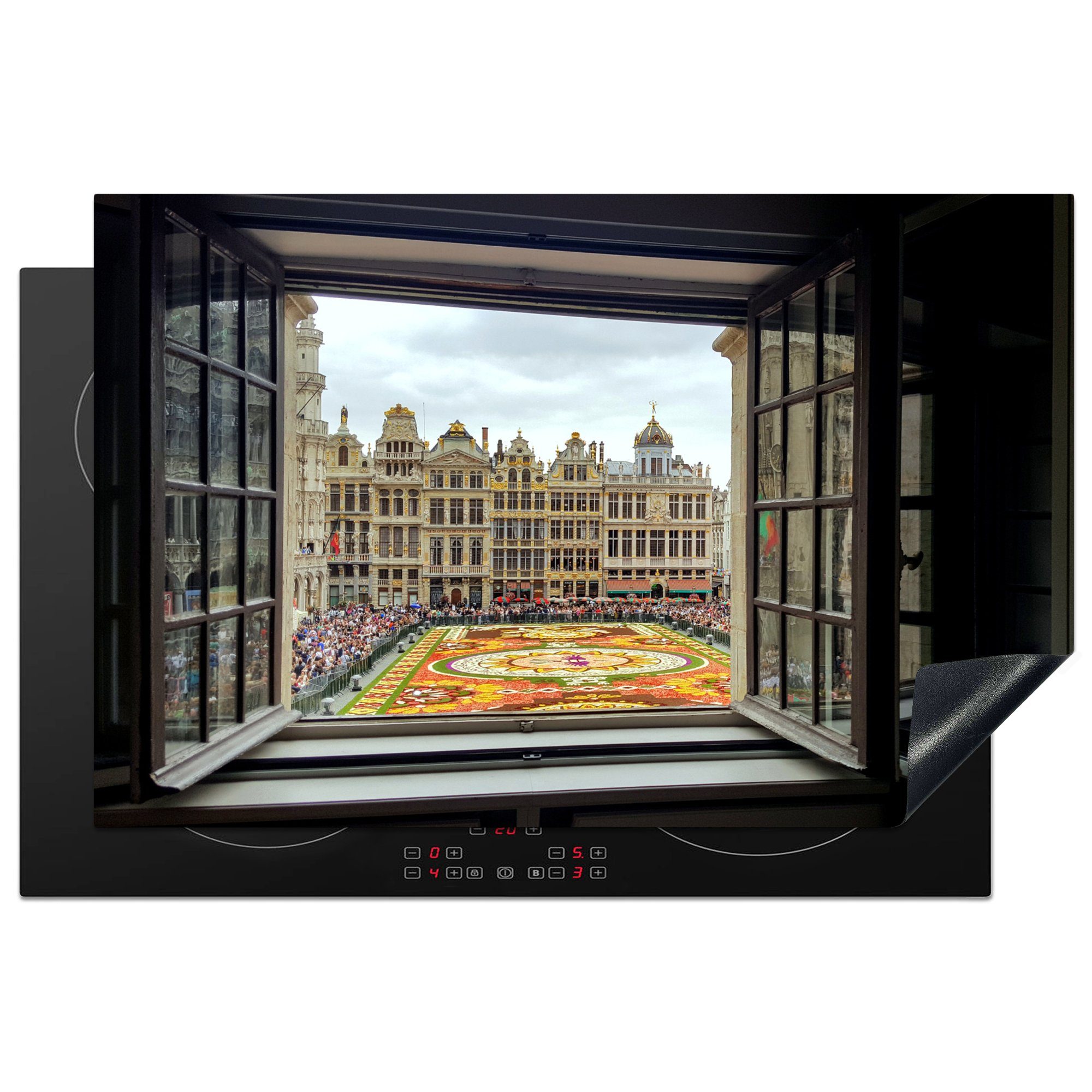 MuchoWow Herdblende-/Abdeckplatte Fenster - Grand Place - Brüssel, Vinyl, (1 tlg), 81x52 cm, Induktionskochfeld Schutz für die küche, Ceranfeldabdeckung