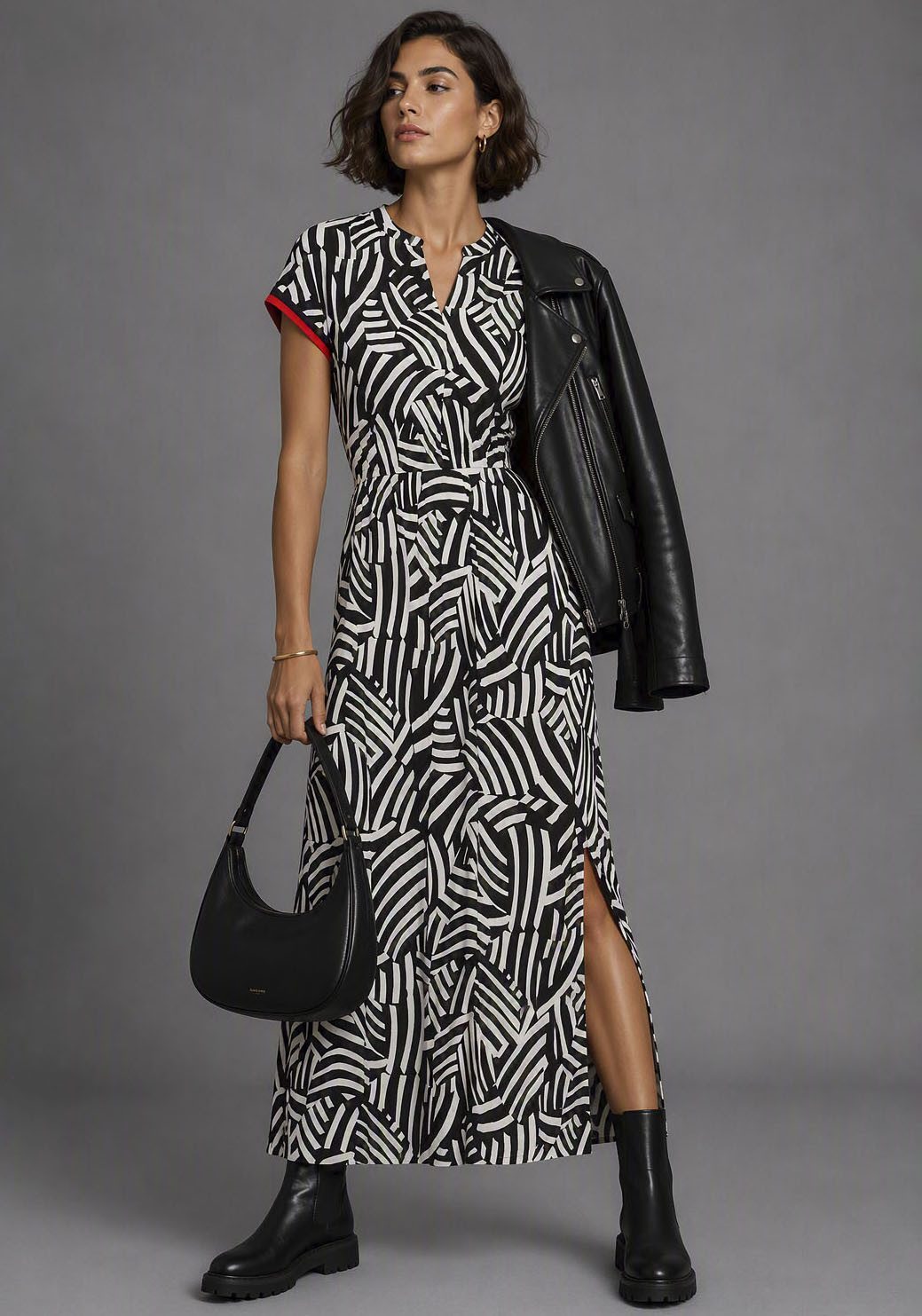 Laura Scott Midikleid aus weicher Stretchware abstraktes Design, mit Kontrastfarbenen Details