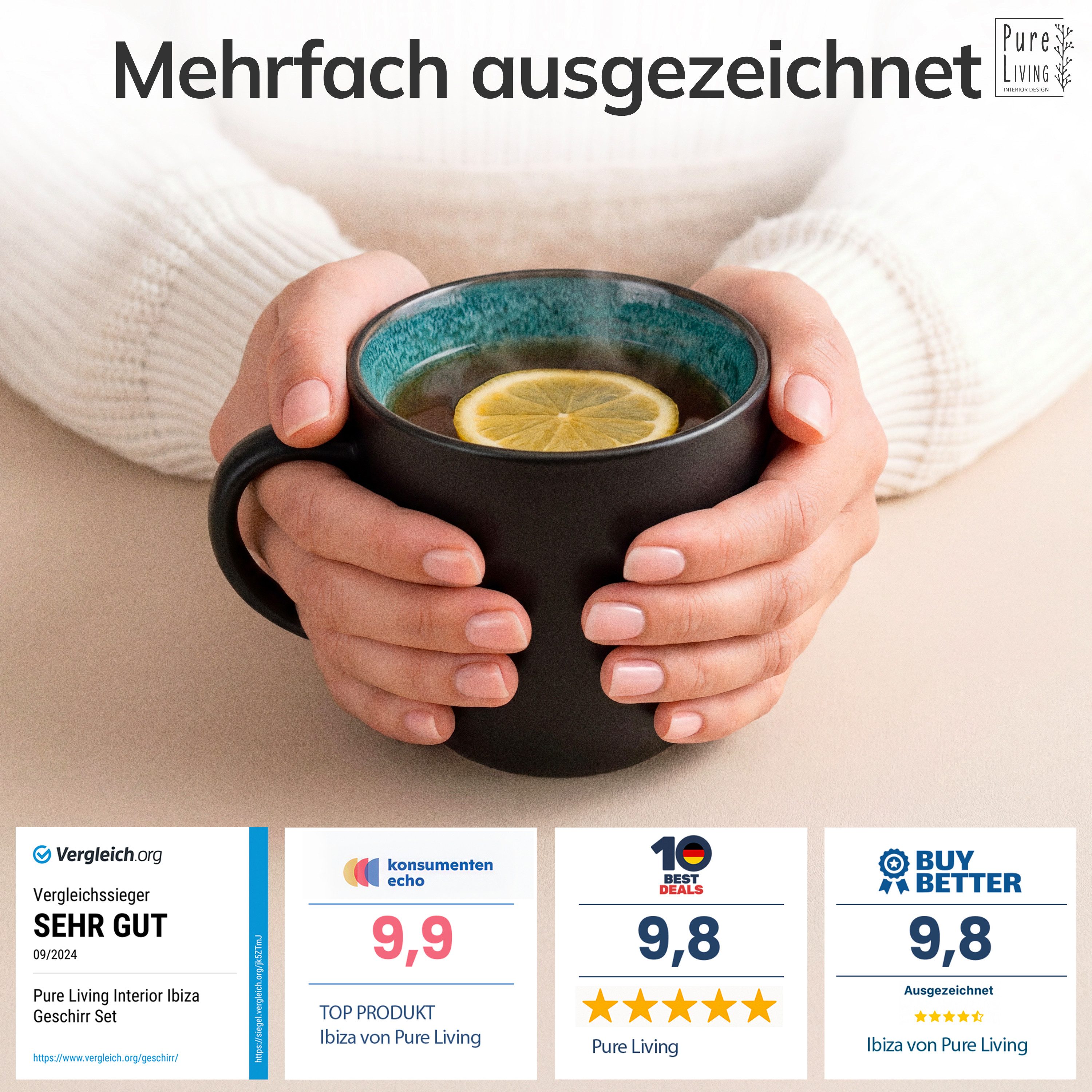 PURE LIVING INTERIOR DESIGN Geschirr-Set Ibiza Becher, 6er-Set, 435 ml, Petrol, Steingut (6-tlg), 6 Personen, Steingut – Bild 3 von 5