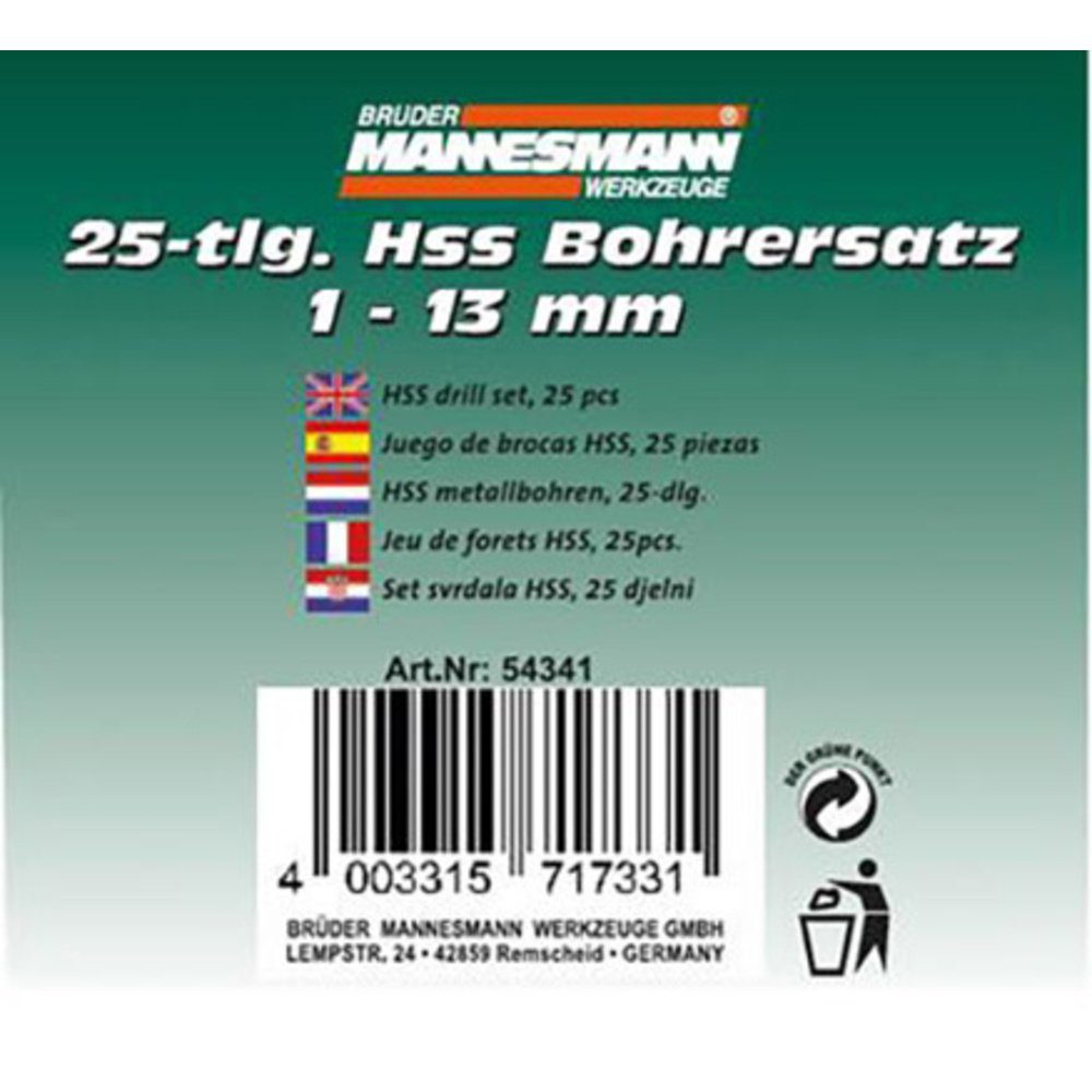 Brüder Mannesmann Werkzeuge Metallbohrer Brüder Mannesmann M54341 Spiralbohrer-Set 25teilig 1 mm, 1.5 mm, 2 m