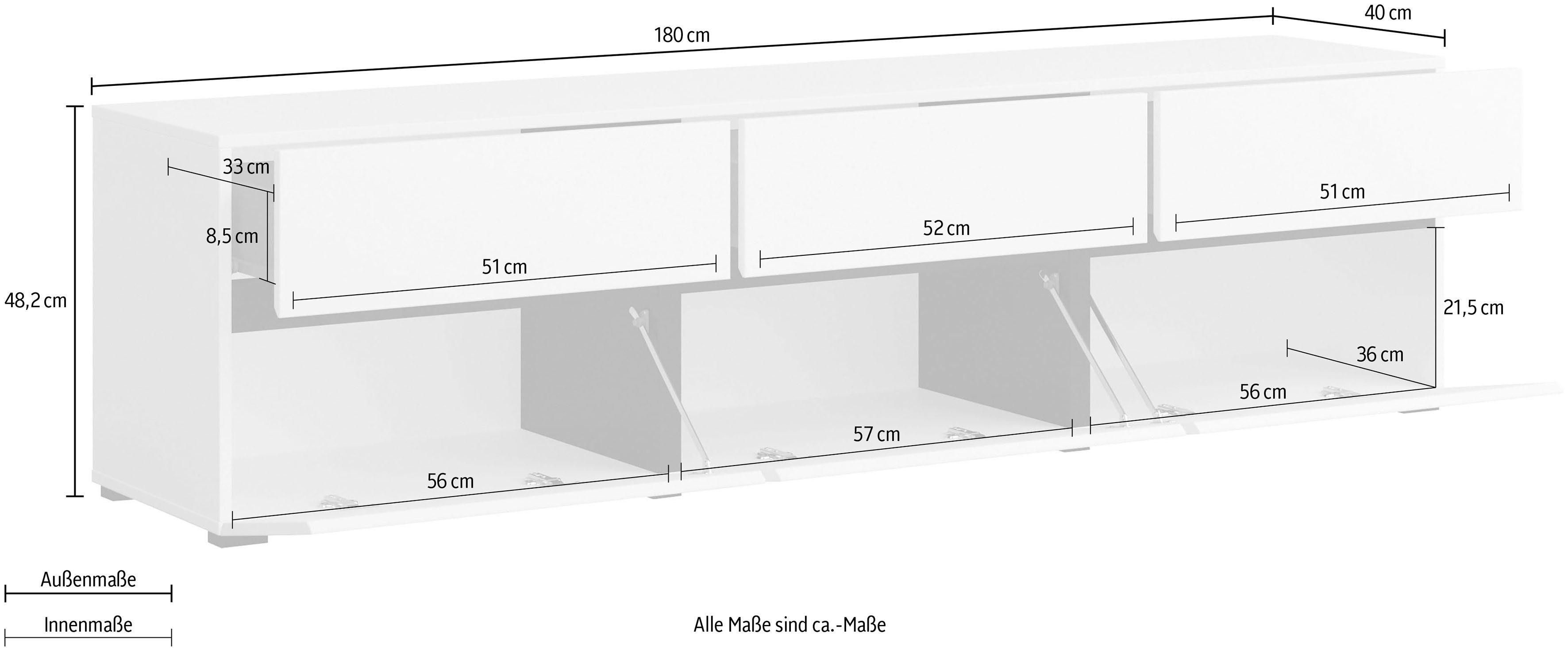 OTTO home Lowboard Cross, moderne grifflose TV-Kommode,3 Klappen/3 Schubkästen, Breite 180 cm, TV-Schrank mit viel Stauraum, TV-Board