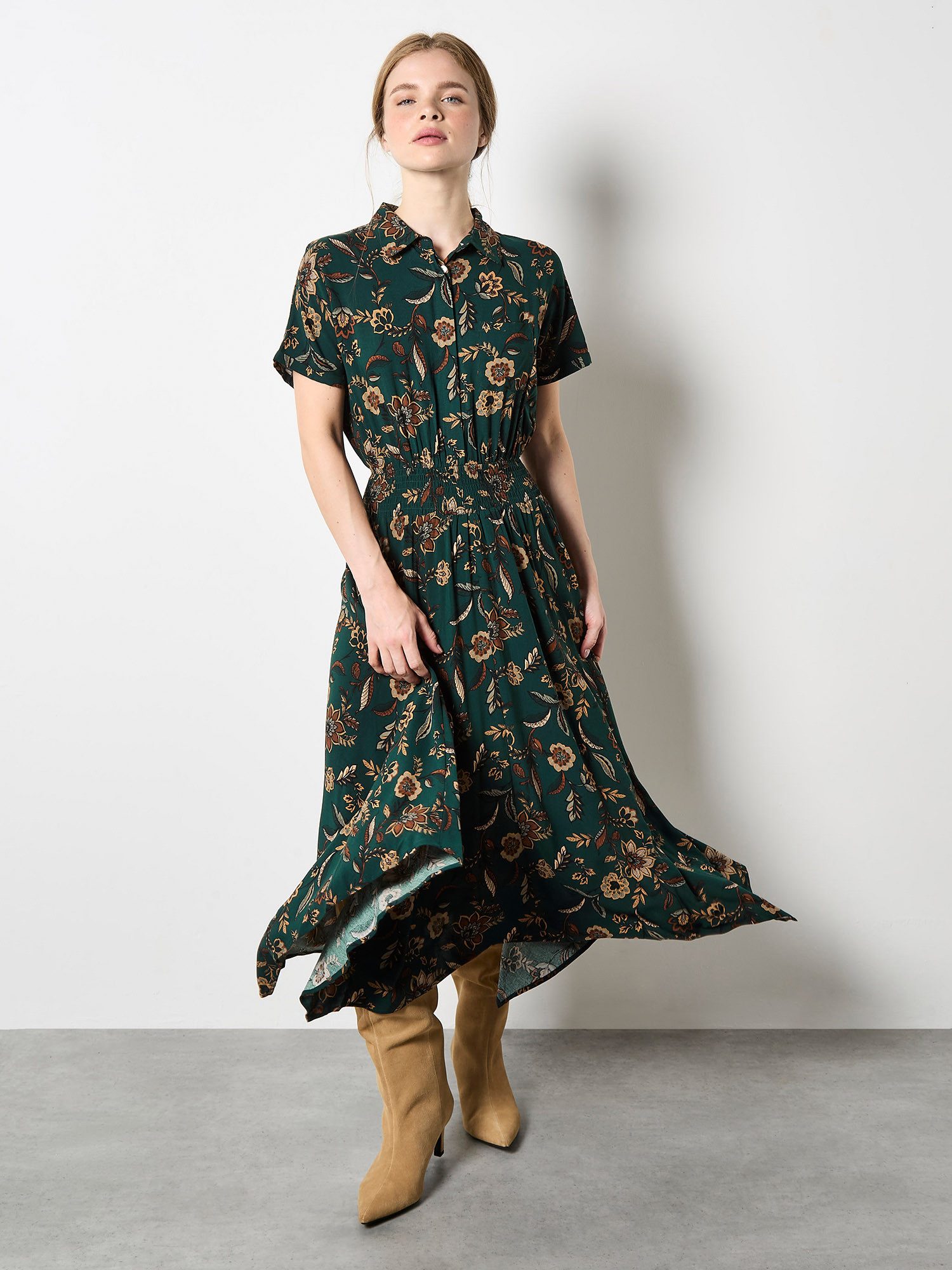 Apricot Druckkleid Florales Midikleid mit Seitentaschen, mit halber Knopfle günstig online kaufen