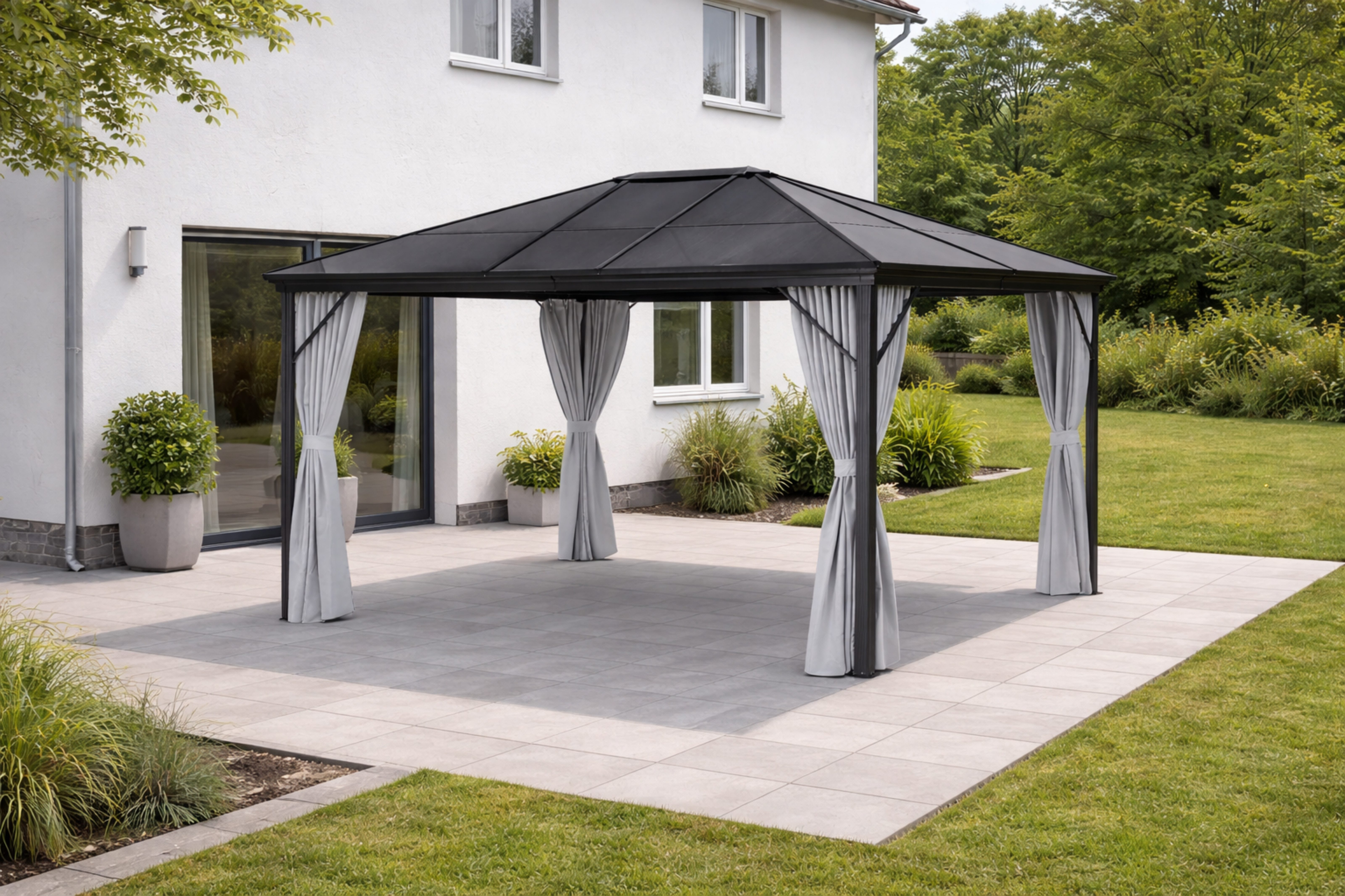 Leco Pavillon Überdachung Stegplatten-Pavillon PROFI-Pavillon 3,65x3 m - sehr stabil, mit 4 Seitenteilen, 365 x 300 x 270 cm