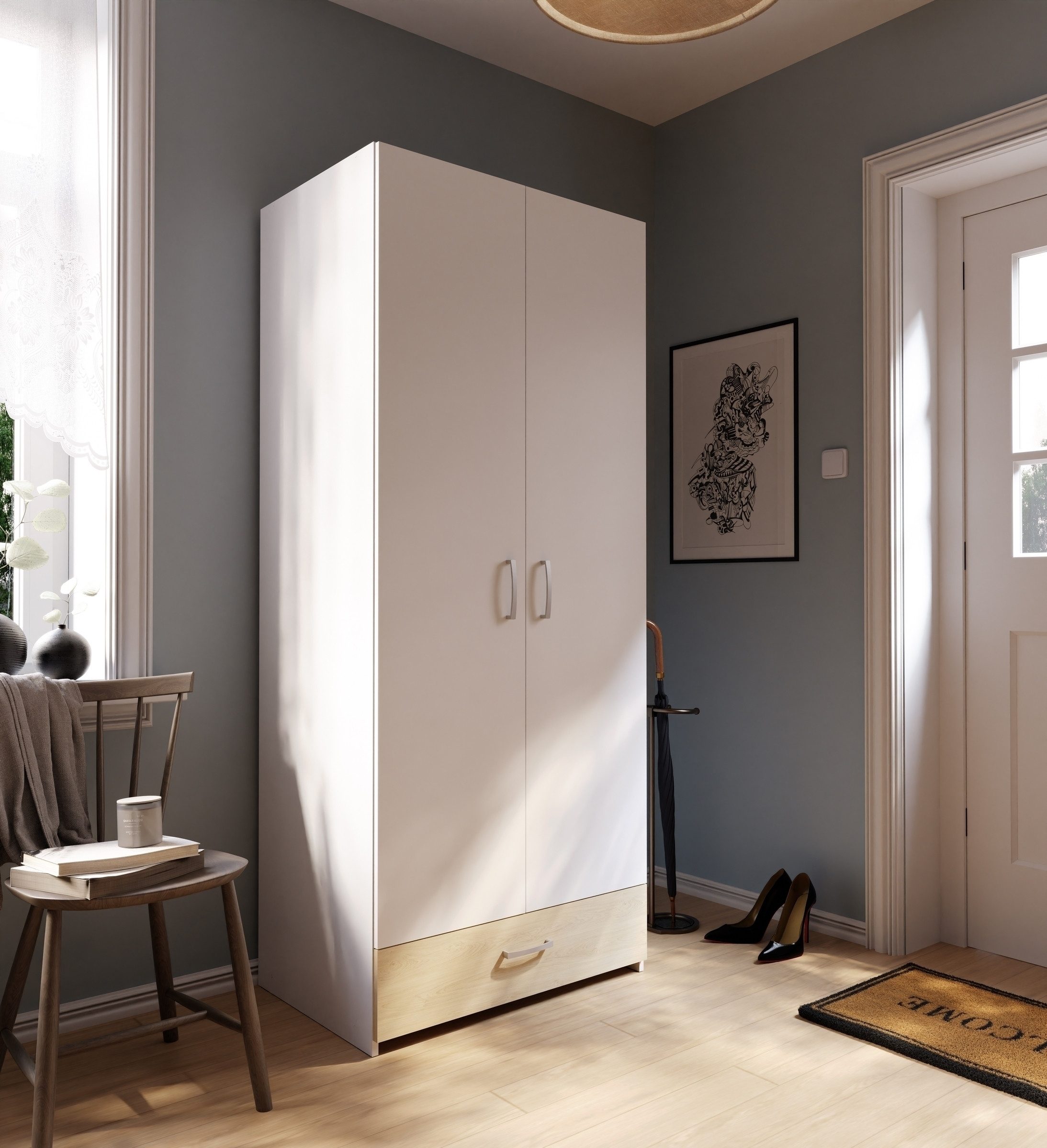 Kleiderschrank in Weiss / Puccini Eiche - 79,7x190,5x54,4cm (BxHxT)