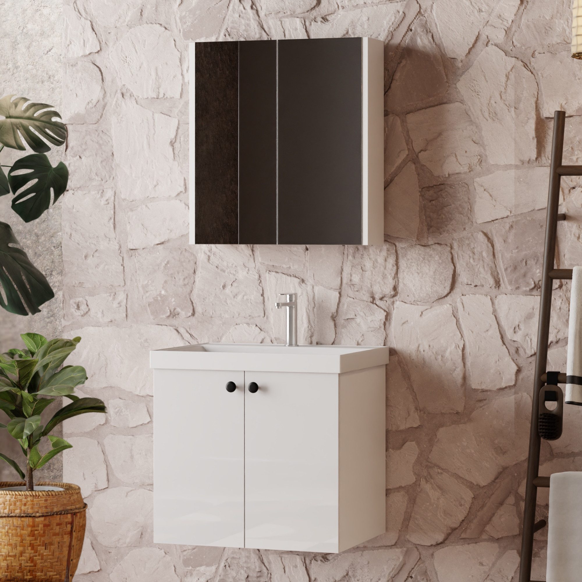 Karen Badmöbel-Set Badmöbel Set Mimoza, (Komplett-Set, Standartmäßig 3-Teilig (Unterschrank, Spiegelschrank, Waschbecken), 3-St., Der Lieferumfang umfasst Unterschrank, Spiegelschrank und Waschbecken), Weiße Hochglanzoptik, Knopfgriffe, Softclose