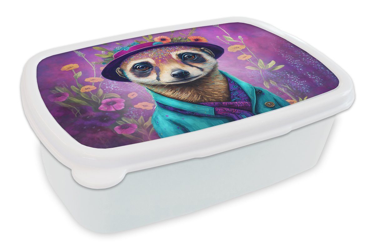 MuchoWow Lunchbox Erdmännchen - Blumen - Farbe - Lila - Porträt - Erdmännchen, Kunststoff, (2-tlg), Brotbox für Kinder und Erwachsene, Brotdose, für Jungs und Mädchen weiß