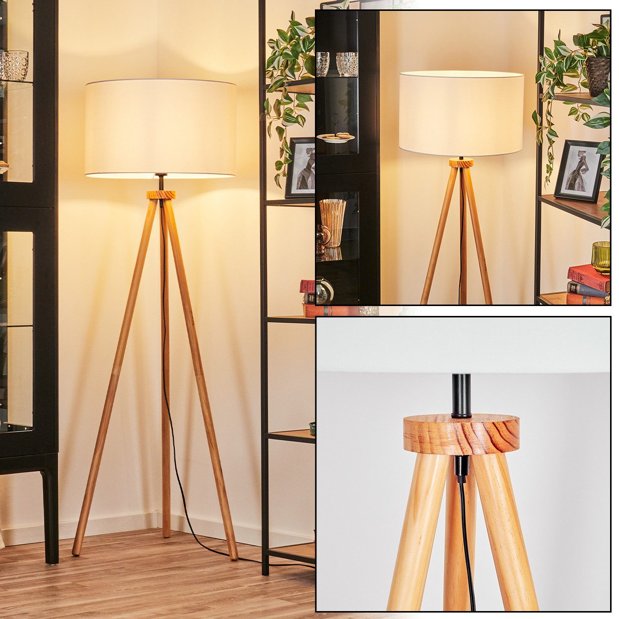 hofstein Stehlampe Stehlampe aus Holz/Metall im modernen Boho-Design, ohne Leuchtmittel, Stehleuchte mit Schirm aus Stoff und Fußschalter, Ø 50 cm, 154 cm, E27