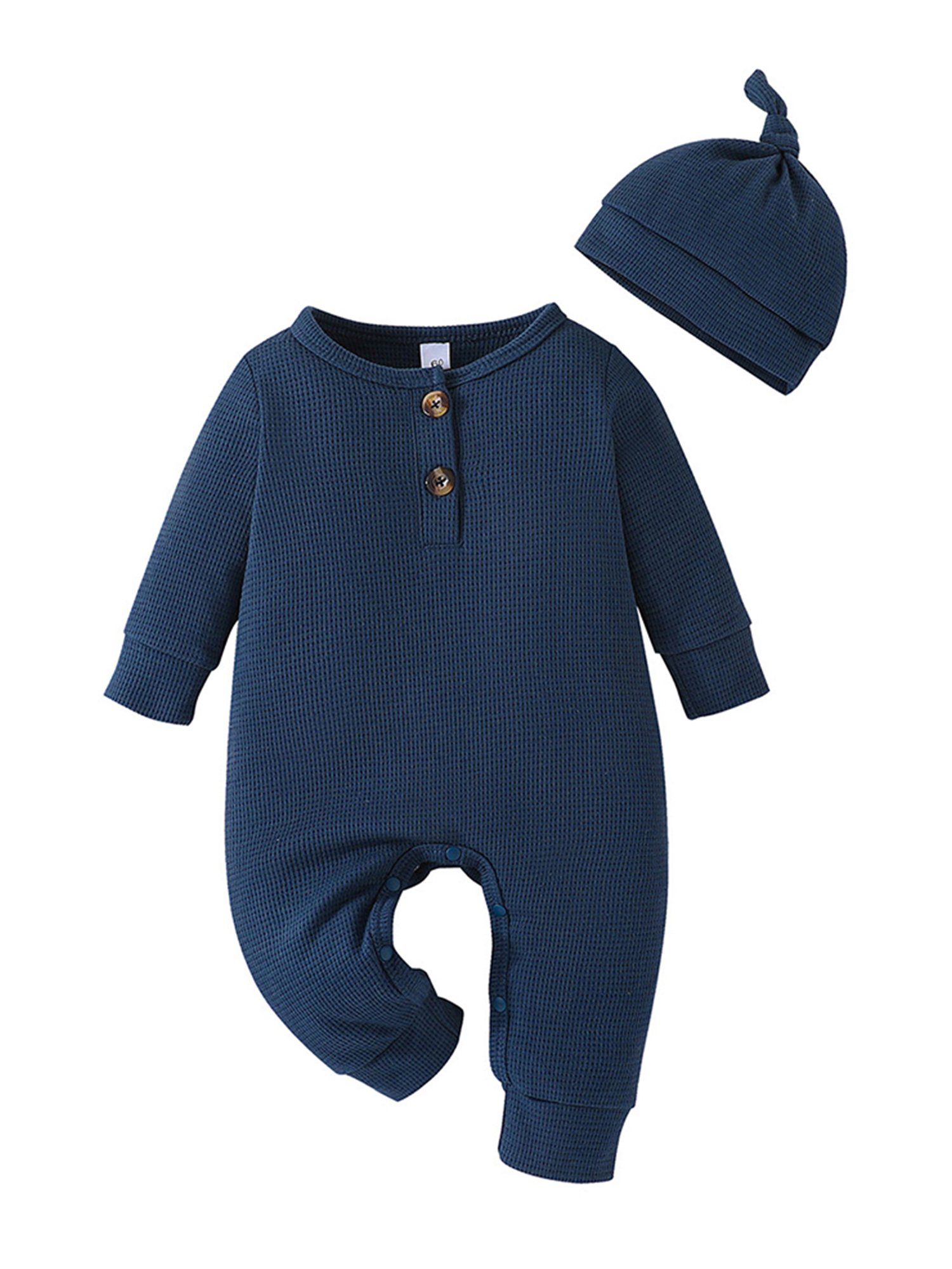 Mütze Langarm-Waffelset, Jungen Baby Strampler Lapastyle Blau für und 2-tlg) (Set, Einfarbiges Strampler