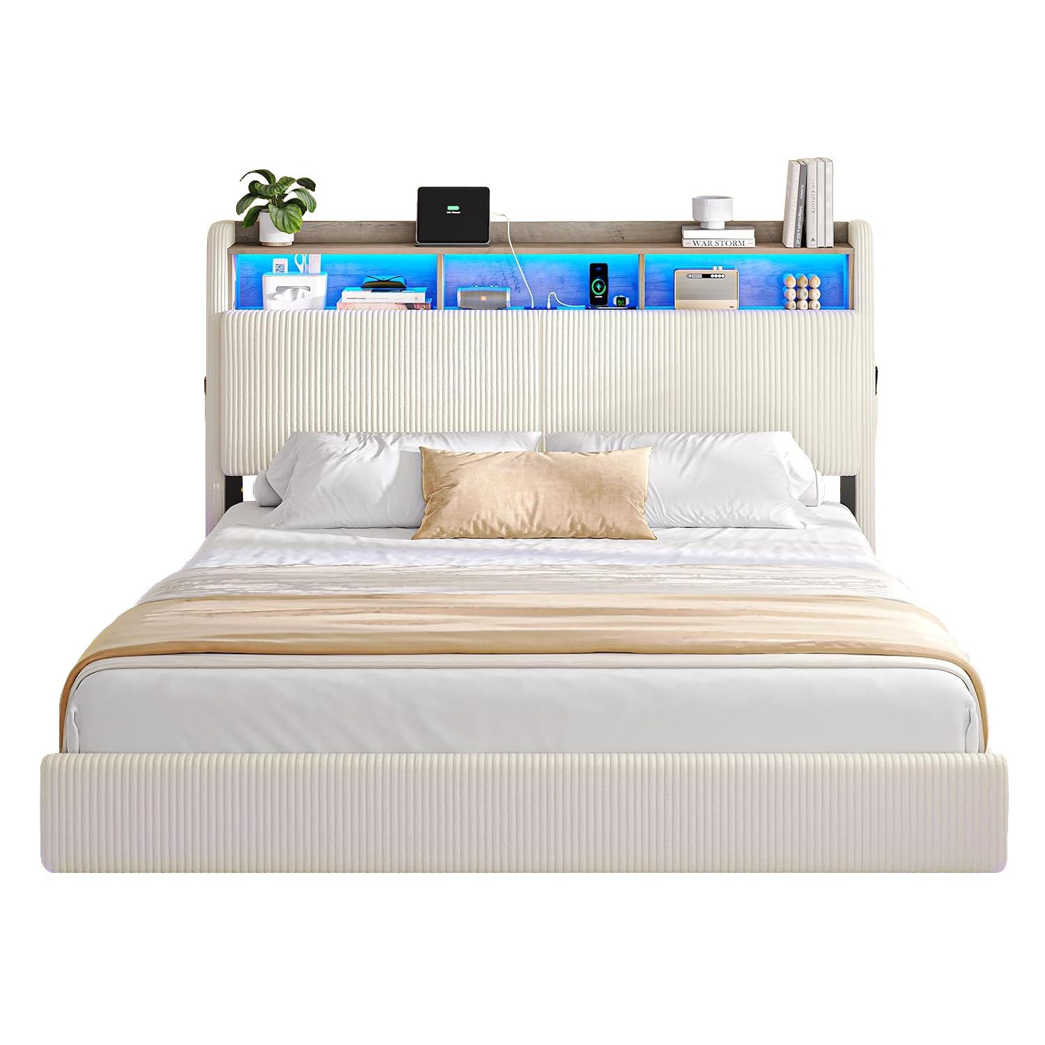 MSMASK Polsterbett Schwebebett mit 270°-LED-Beleuchtung, USB & Type-C Ladestation (Ohne Matratze), Doppelbett mit Stauraum-Kopfteil 140x200 cm – Bild 3 von 5