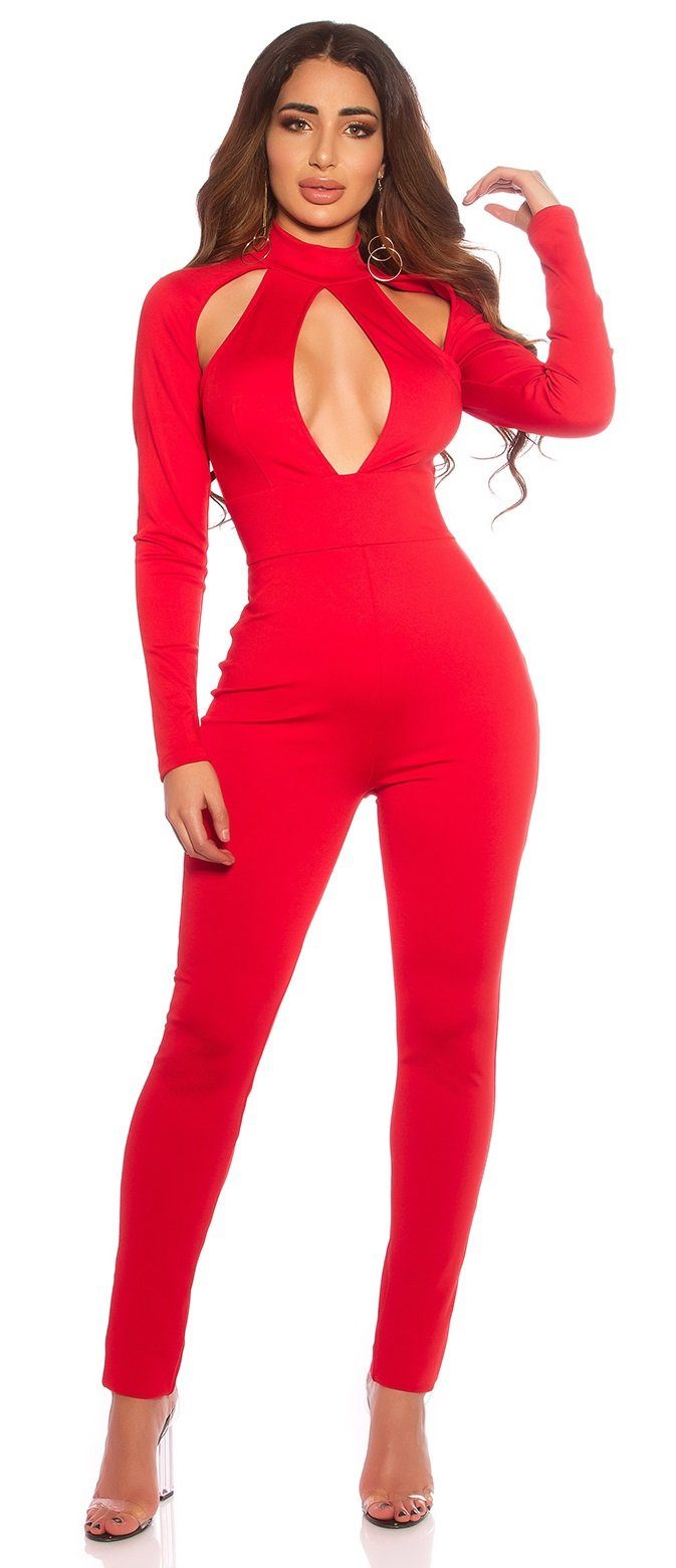 Langarm Jumpsuit Party Bodysuit Outs, Clubwear mit Overall Cut rot Koucla sexy
