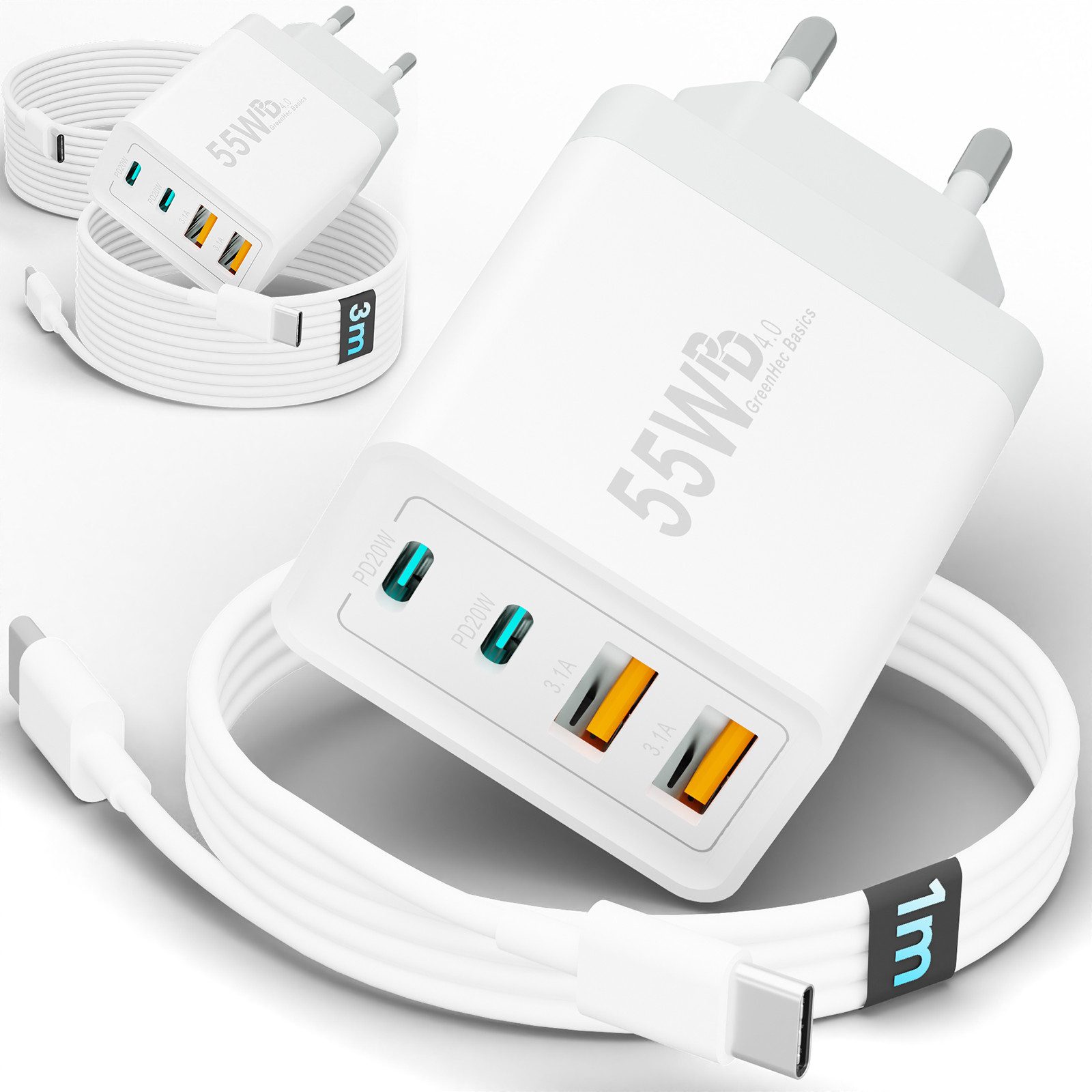 GreenHec Ladegerät USB-C iPhone mehrfach Schnell Handy Adapter Netzteil + Kabel Schnelllade-Gerät (0 mA, Spar-Set, 55w Quatro Charger + USB-C Kabel, iPhone 17 16 15 14 13 12 Pro Max Air, 4 Multi Ports 55w 1m 2m 3m Laden)