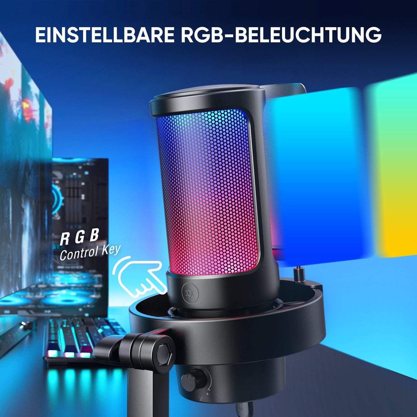 FIFINE Mikrofon USB Mikrofon Gaming Kondensator PC Podcast Studio Mikrofon, mit RGB-Steuerung, Stummschalter, Kopfhöreranschluss, Popfilter – Bild 2 von 5