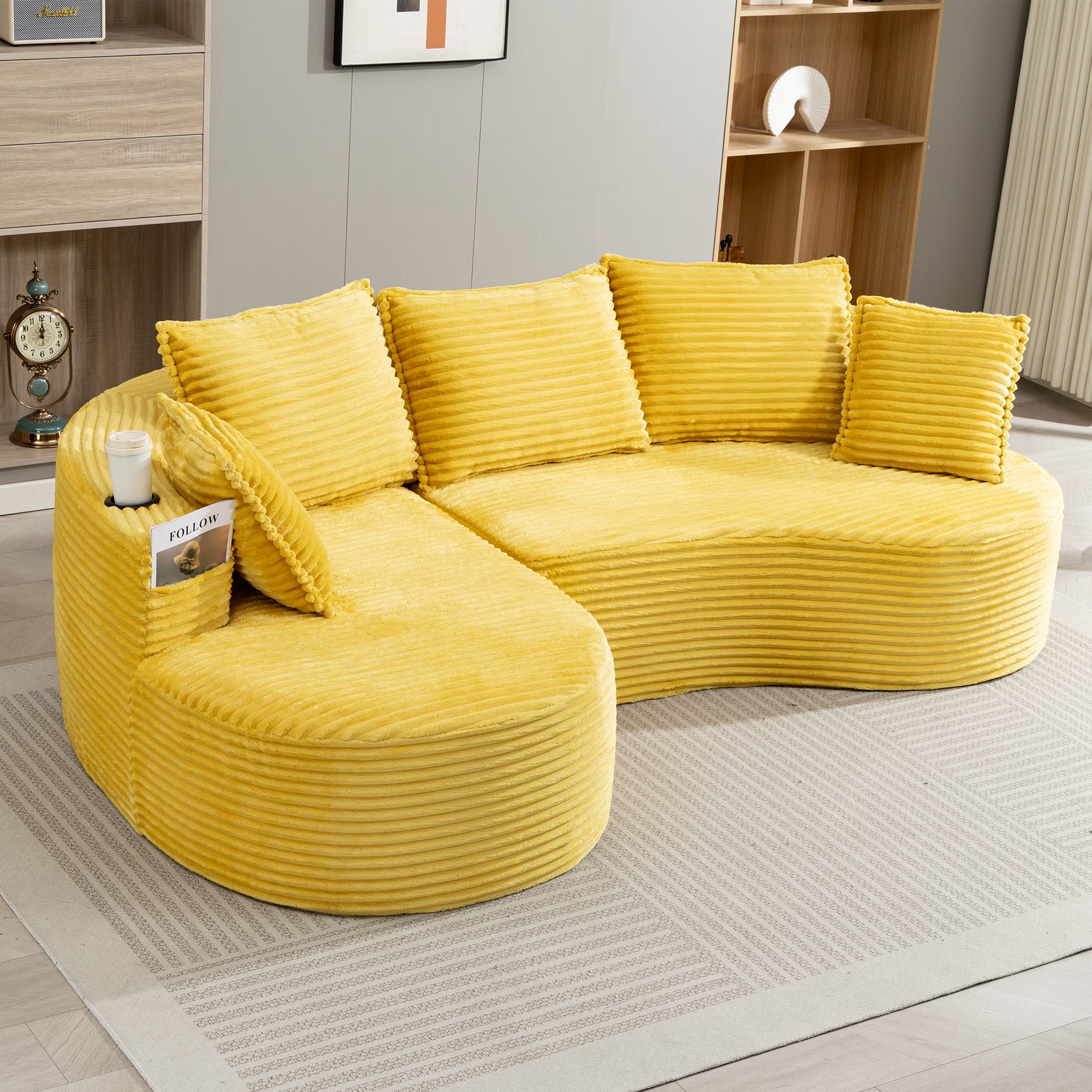 Celya Sofa Bogesofa Cord mit Becherhalter und Stauraum, mit Becherhalter und Stautasche. Inkl. Kissen