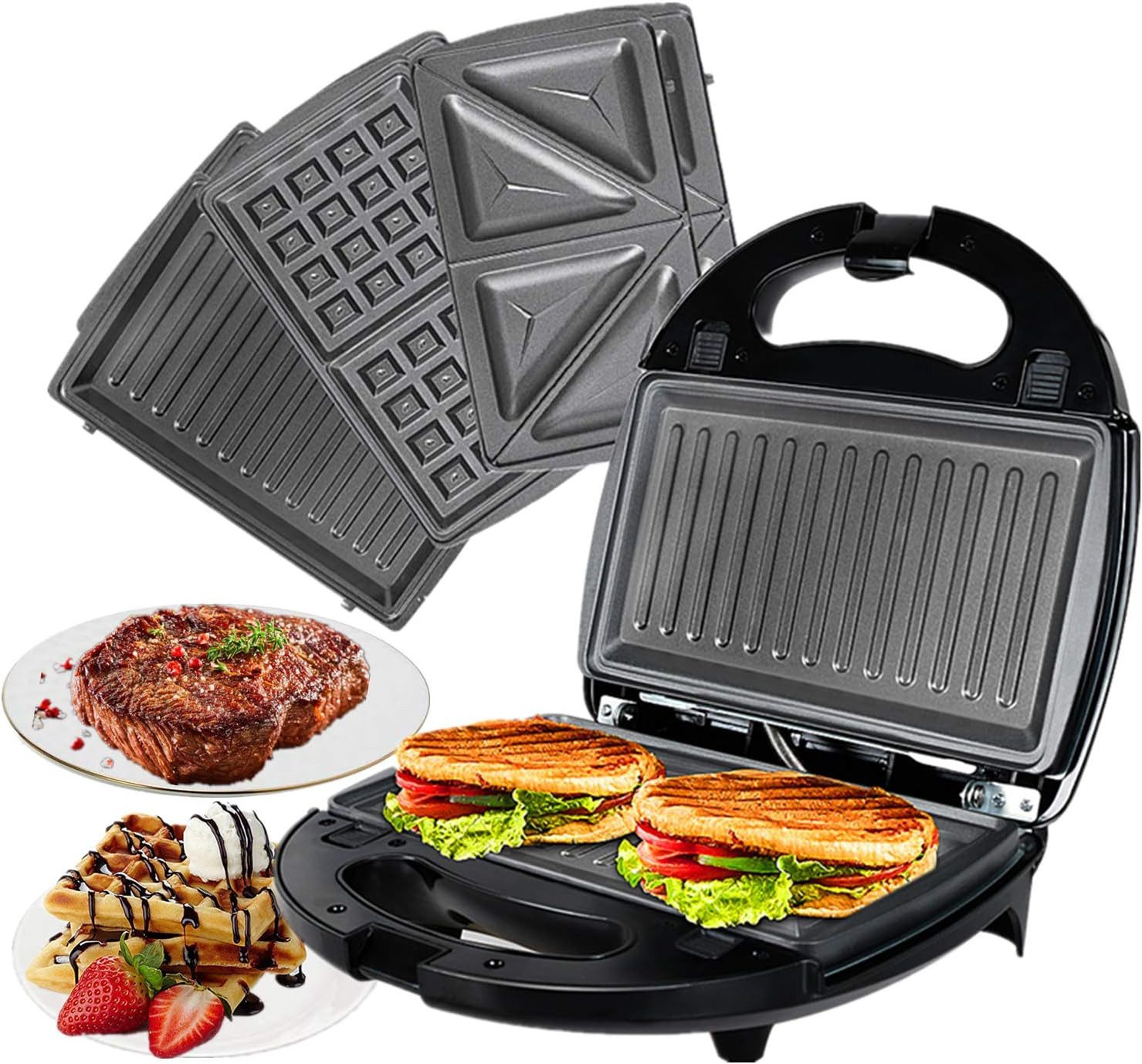 OZAVO 3-in-1-Sandwichmaker Waffeleisen & Kontaktgrill mit abnehmbare Antihaftbeschichtete Platten, 750 W, Vertikale Aufbewahrung,23.7*22cm,für Sandwich, Waffel & Grill, Panini