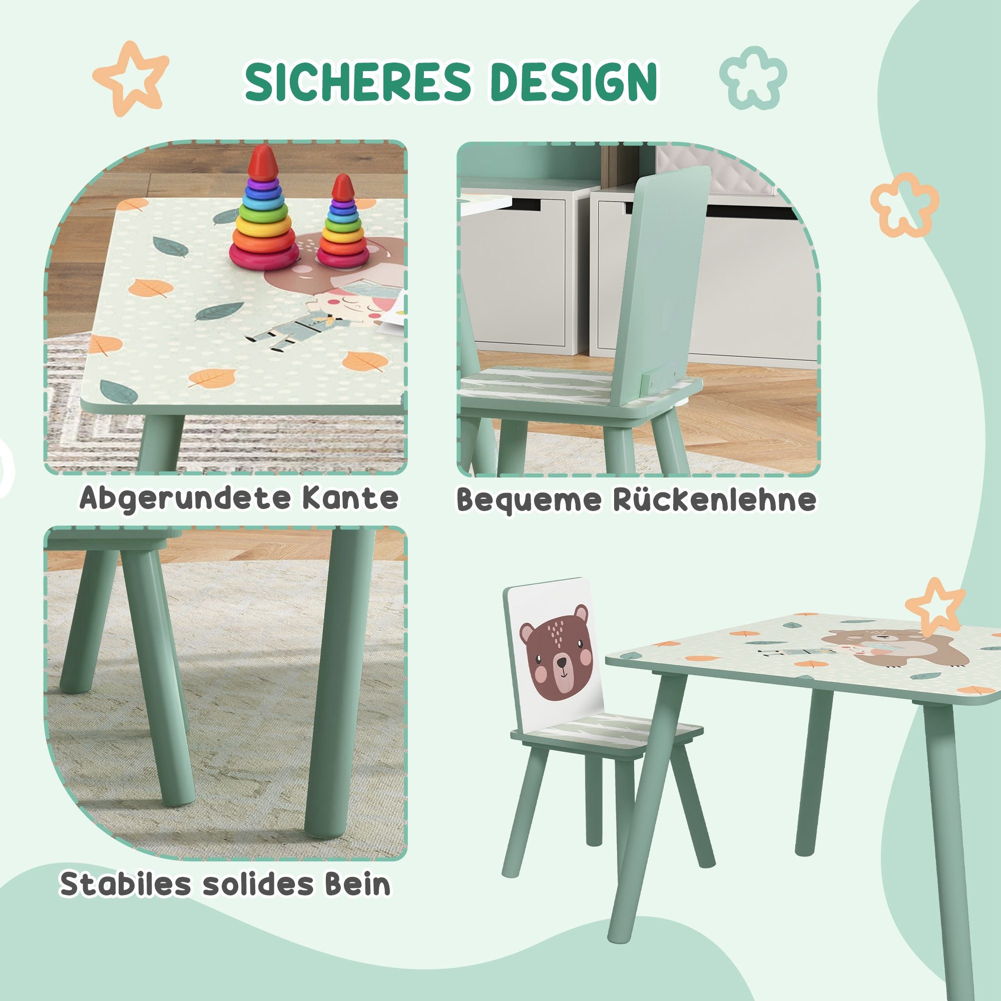 ZONEKIZ Kindersitzgruppe Kindertisch mit Tiermotiv, Kindermöbel für Kinderzimmer, (Kinderschreibtisch, 3-tlg., Stühle), 3-teilige Set für Schlafzimmer, Kinderga – Bild 5 von 5