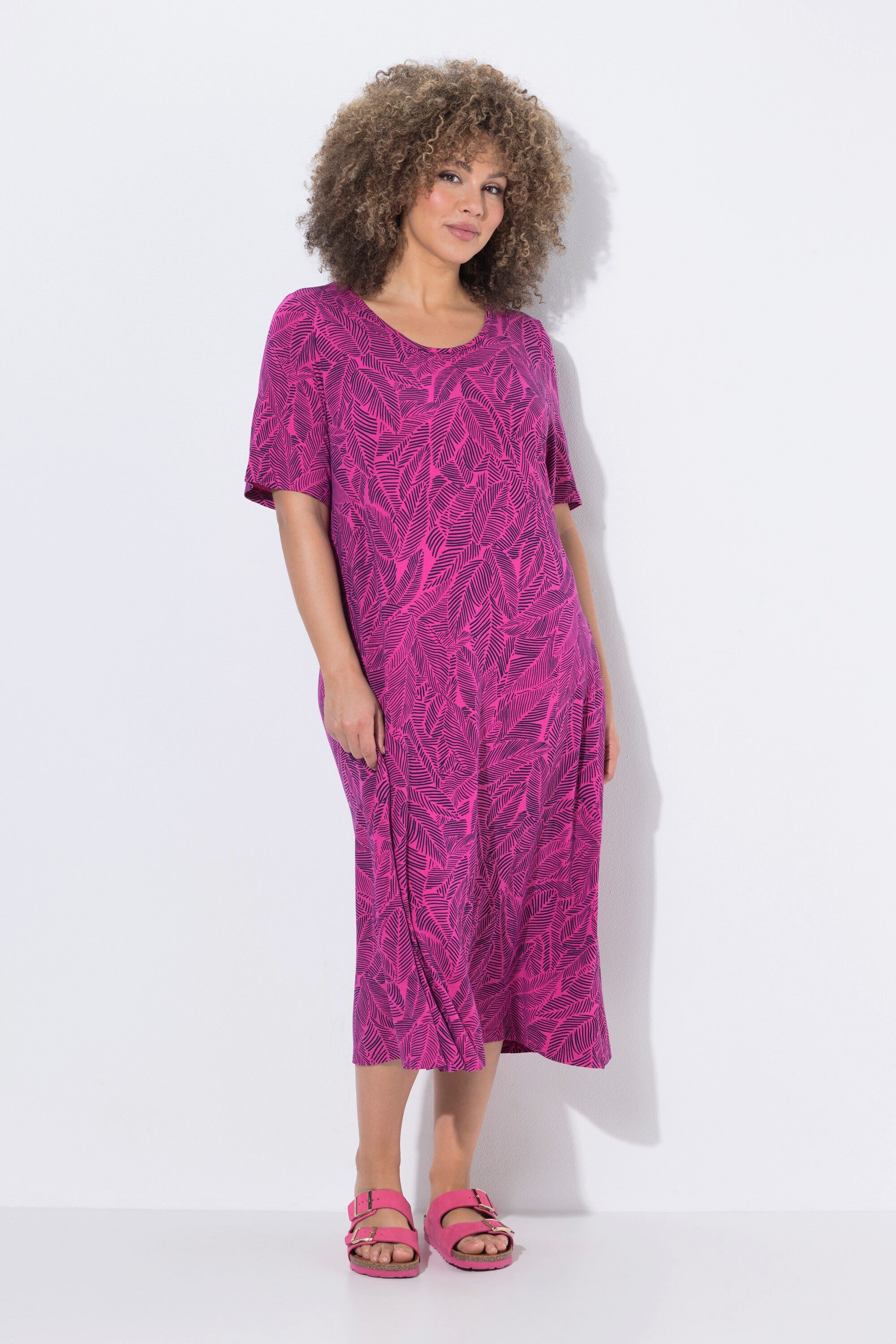 Ulla Popken Jerseykleid Jerseykleid Blätter A-Linie Rundhals Halbarm