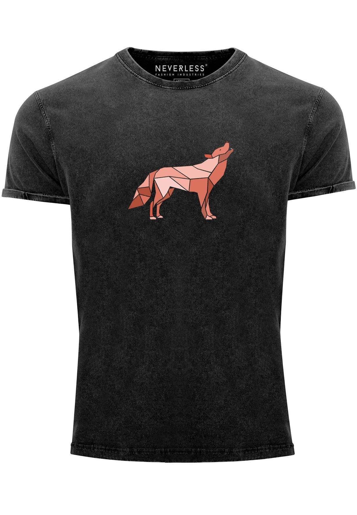 Neverless Print-Shirt Herren Vintage Shirt Aufdruck Wolf Polygon Print Geometrie Outdoor Wil mit Print schwarz