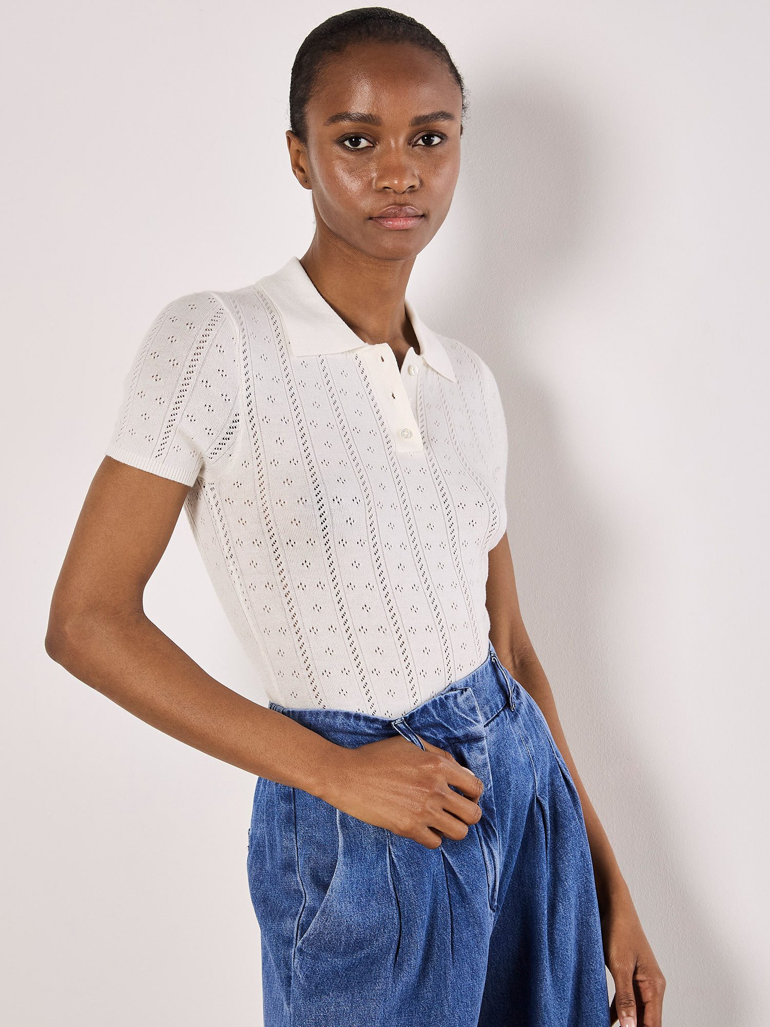 Apricot Poloshirt Pointelle-Polo-Strickshirt mit Lochmuster günstig online kaufen