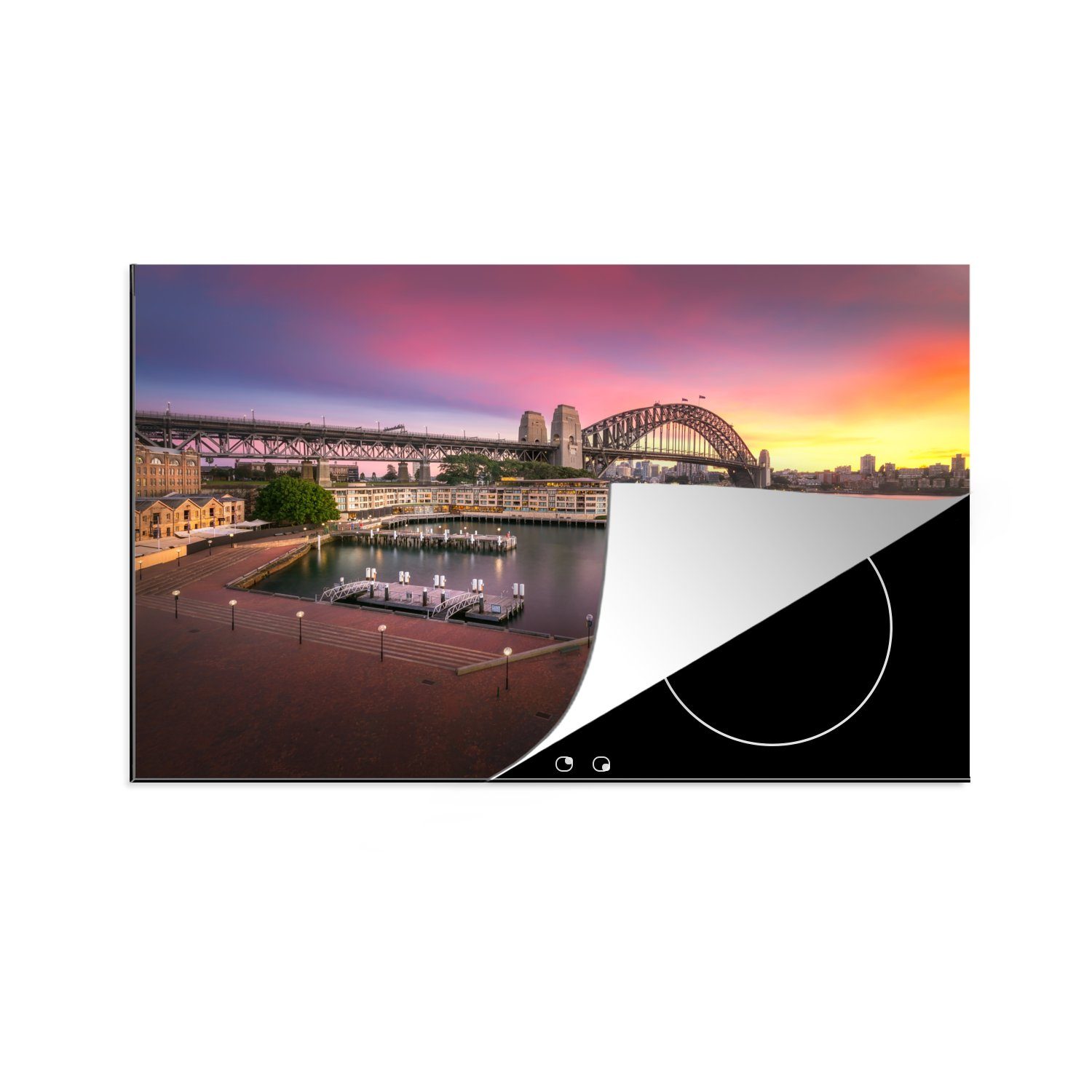 MuchoWow Herdblende-/Abdeckplatte Sonnenaufgang hinter der Sydney Harbour Bridge in Australien, Vinyl, (1 tlg), 81x52 cm, Induktionskochfeld Schutz für die küche, Ceranfeldabdeckung