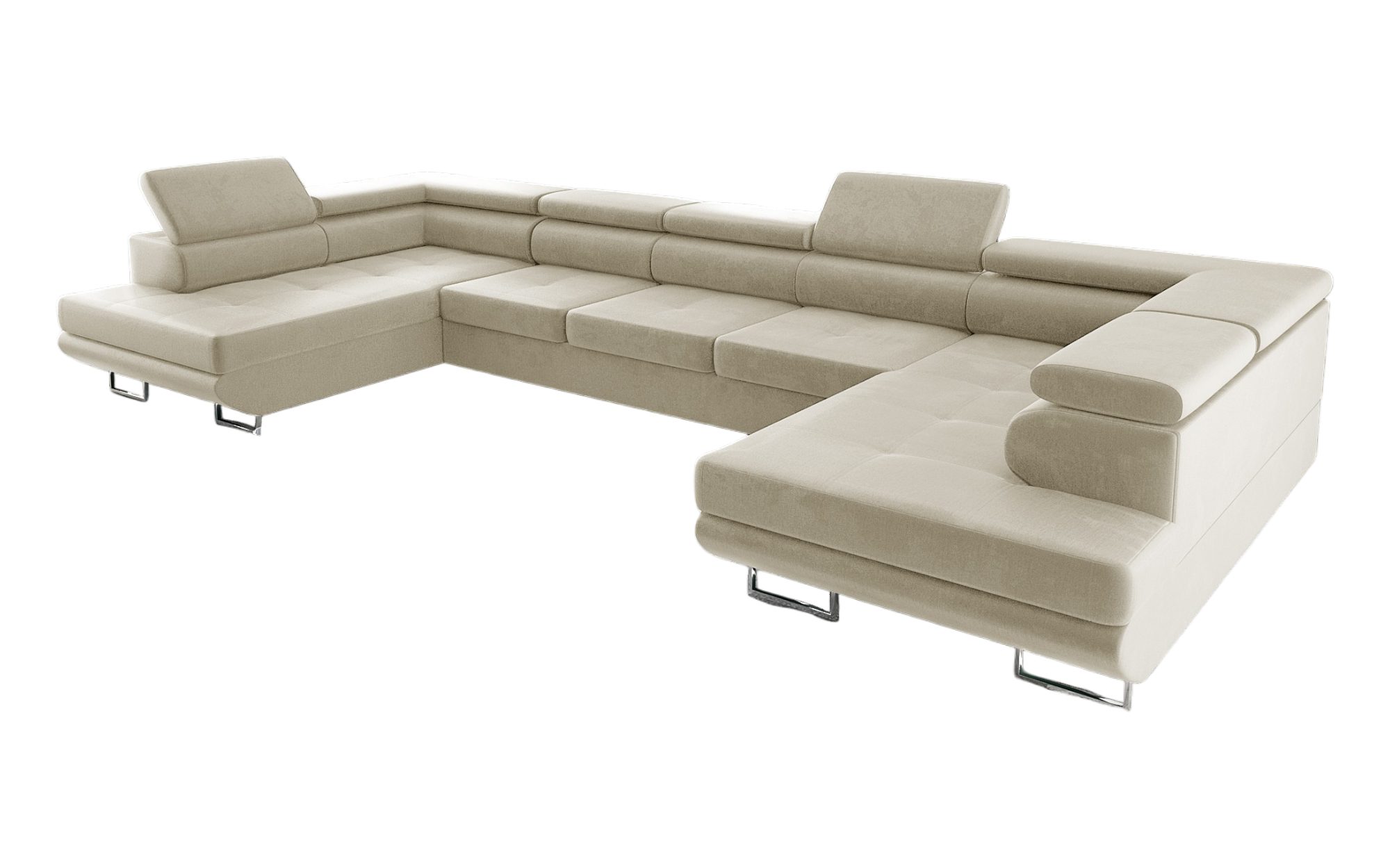 thematys Ecksofa Aston U 403 x 203cm mit Schlaffunktion & Bettkasten –, U-Sofa mit verstellbaren Kopfstützen, Samt (Monolotith), oder Cord (Poso), - U-Form, XL-Wohnlandschaft, 390 cm breit