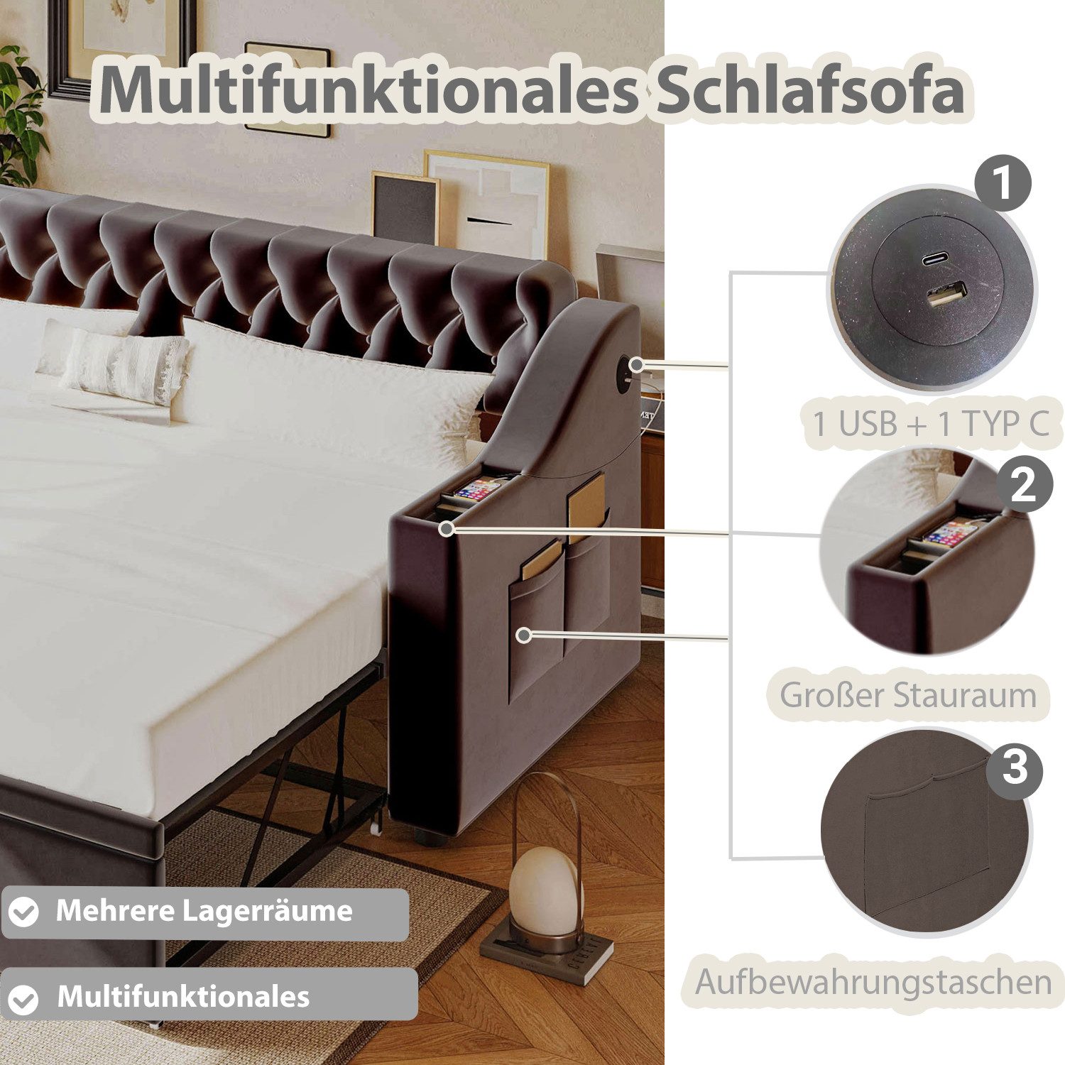 Odikalo Schlafsofa Schlafcouch 90x190 mit Lattenrost & USB Ohne Matratze, Polsterbett Schlafsofa, 90/180*190 cm, Breitere und Dickere Armlehnen mit USB-Ladeansc – Bild 4 von 5