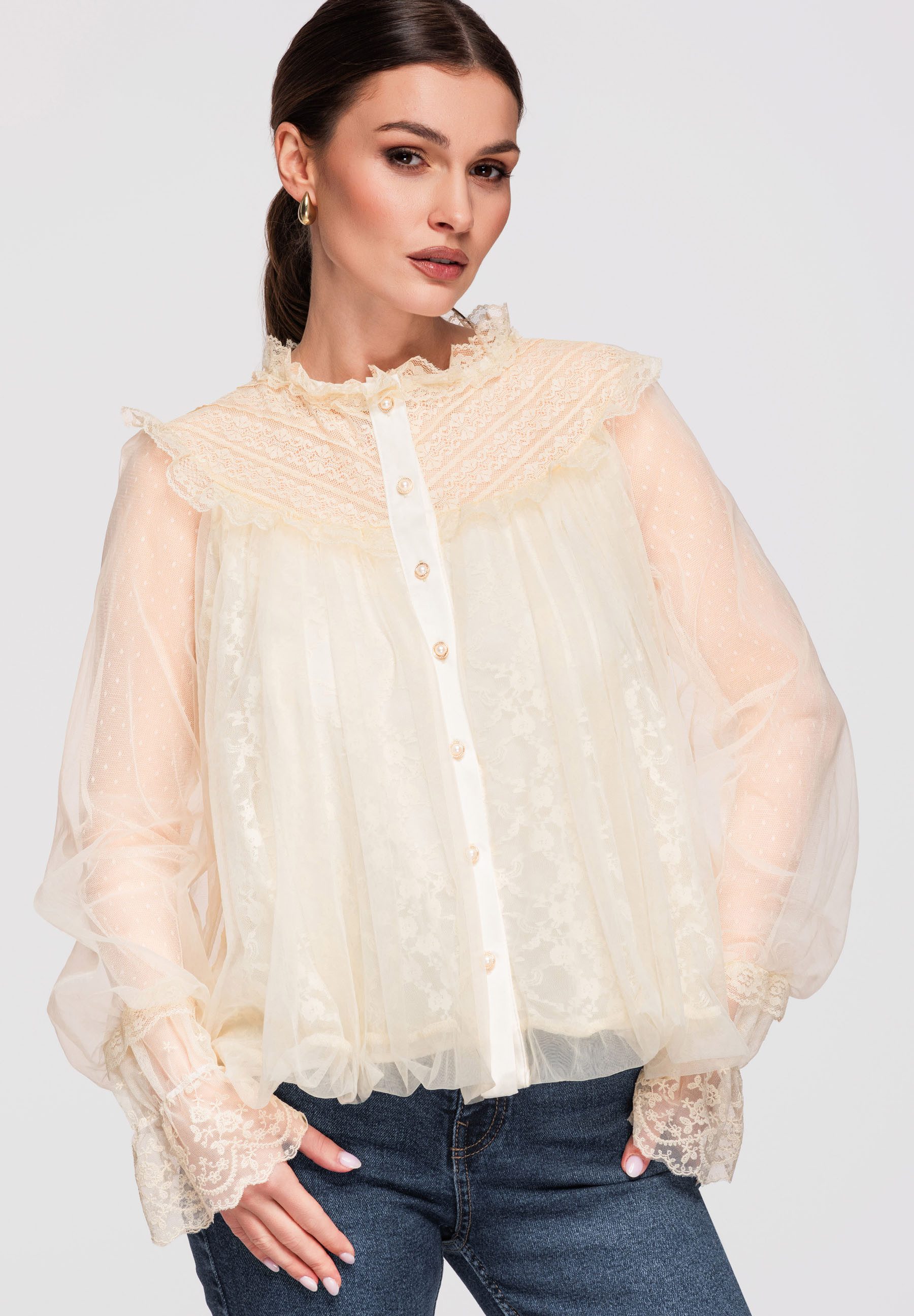 OMBRE Hemdbluse Damen Tüllbluse mit Spitze Elegant Vintage Beige ONESIZE (kein Set, 1-tlg) Inklusive abnehmbarem Gürtel, Koronkowymi-Einsätze