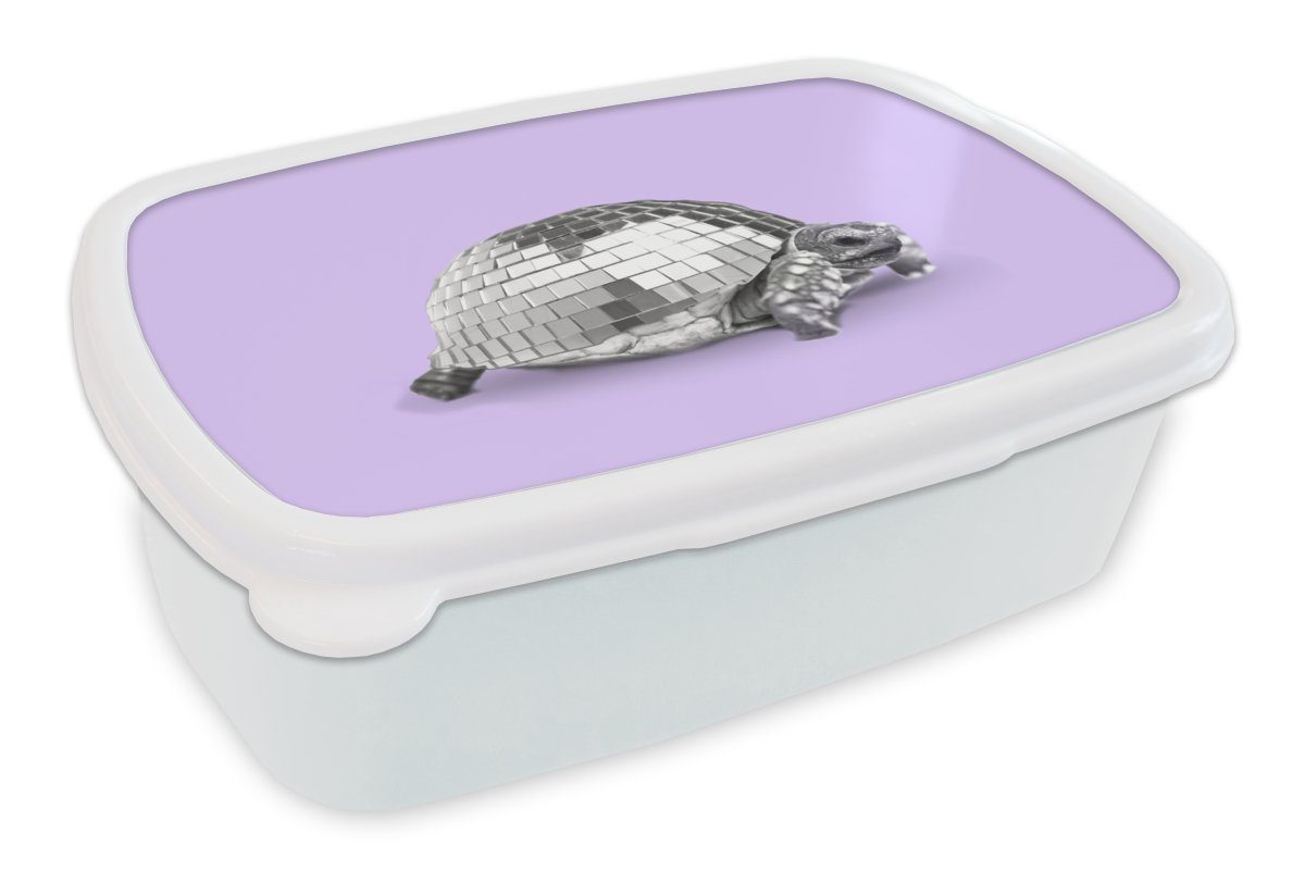 MuchoWow Lunchbox Schildkröte - Discokugel - Disco - Tier - Lila, Kunststoff, (2-tlg), Brotbox für Kinder und Erwachsene, Brotdose, für Jungs und Mädchen weiß
