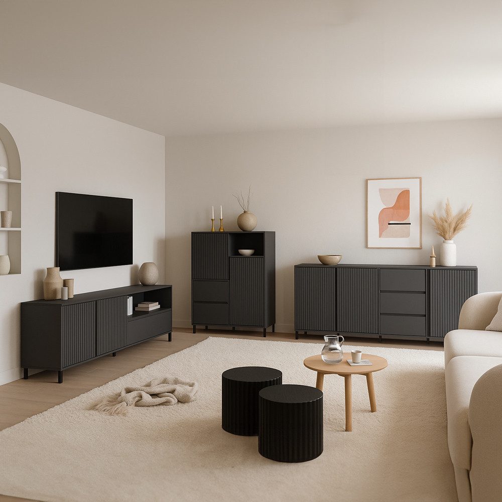 Lomadox Wohnzimmer-Set AMELIA-129, (Mega-Spar-Set, 3-St., Highboard Lowboard Sideboard), Lowboard Highboard Sideboard Anthrazit Rillen