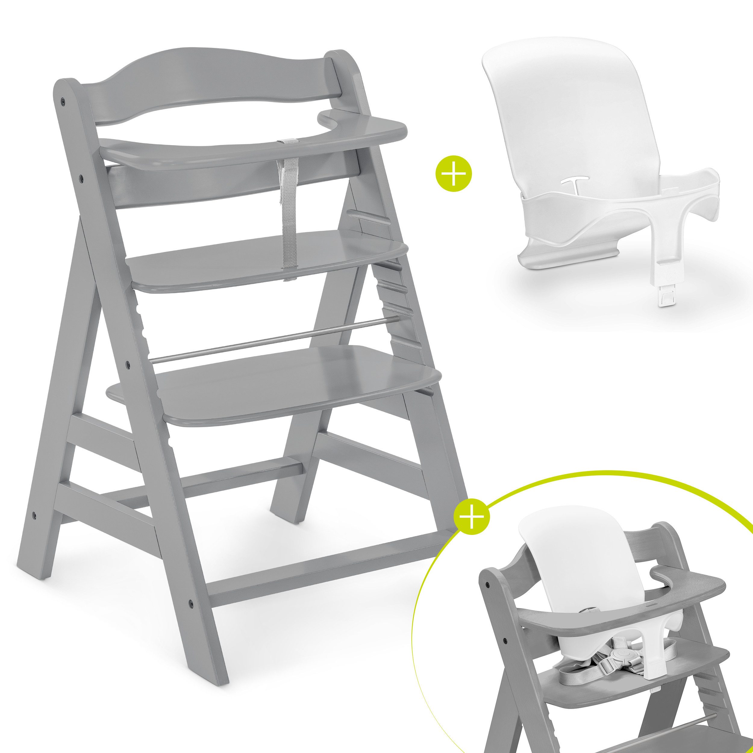 Hauck Hochstuhl Alpha Plus - Grey, Mitwachsender Holz Kinderhochstuhl verstellbar mit Baby-Sitz & Gurt