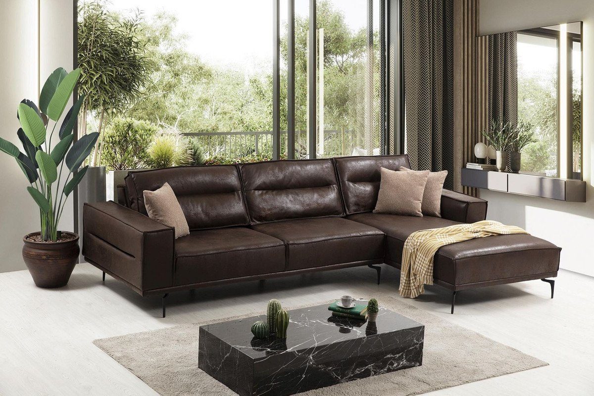 Luxus Braun Ecksofa 185 x Schwarz Wohnzimmer - Nubuk Modernes - mit Möbel - cm / Ecksofa Wohnzimmer Luxus 305 Kunstleder Padrino Casa Schlafsofa Luxus Sofa