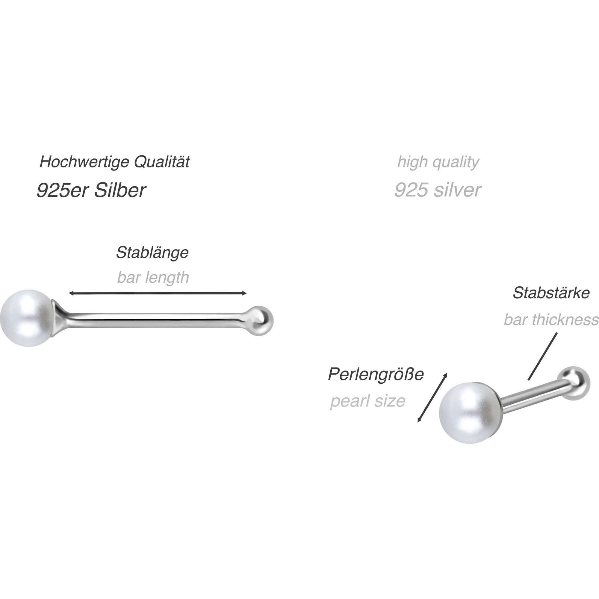 PIERCINGLINE Nasenpiercing SET 925er Silber Nasenstecker Pin SYNTHETISCHE PERLE (Nasenstecker, 3er SET)