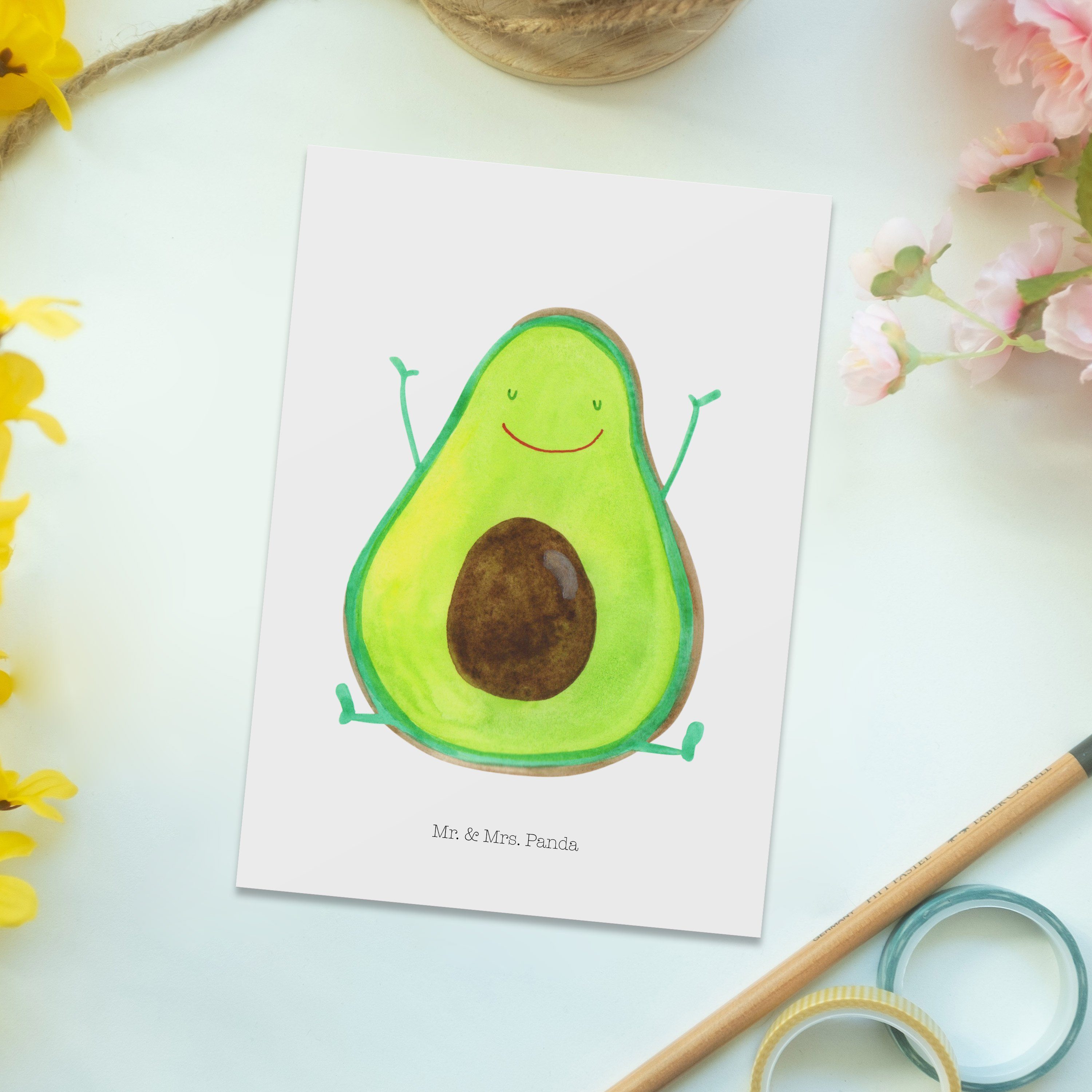 Mrs. Panda Mr. Vegan, Happy Gesu Weiß & Juhuu, Postkarte Avocado Geburtstagskarte, - Geschenk, -