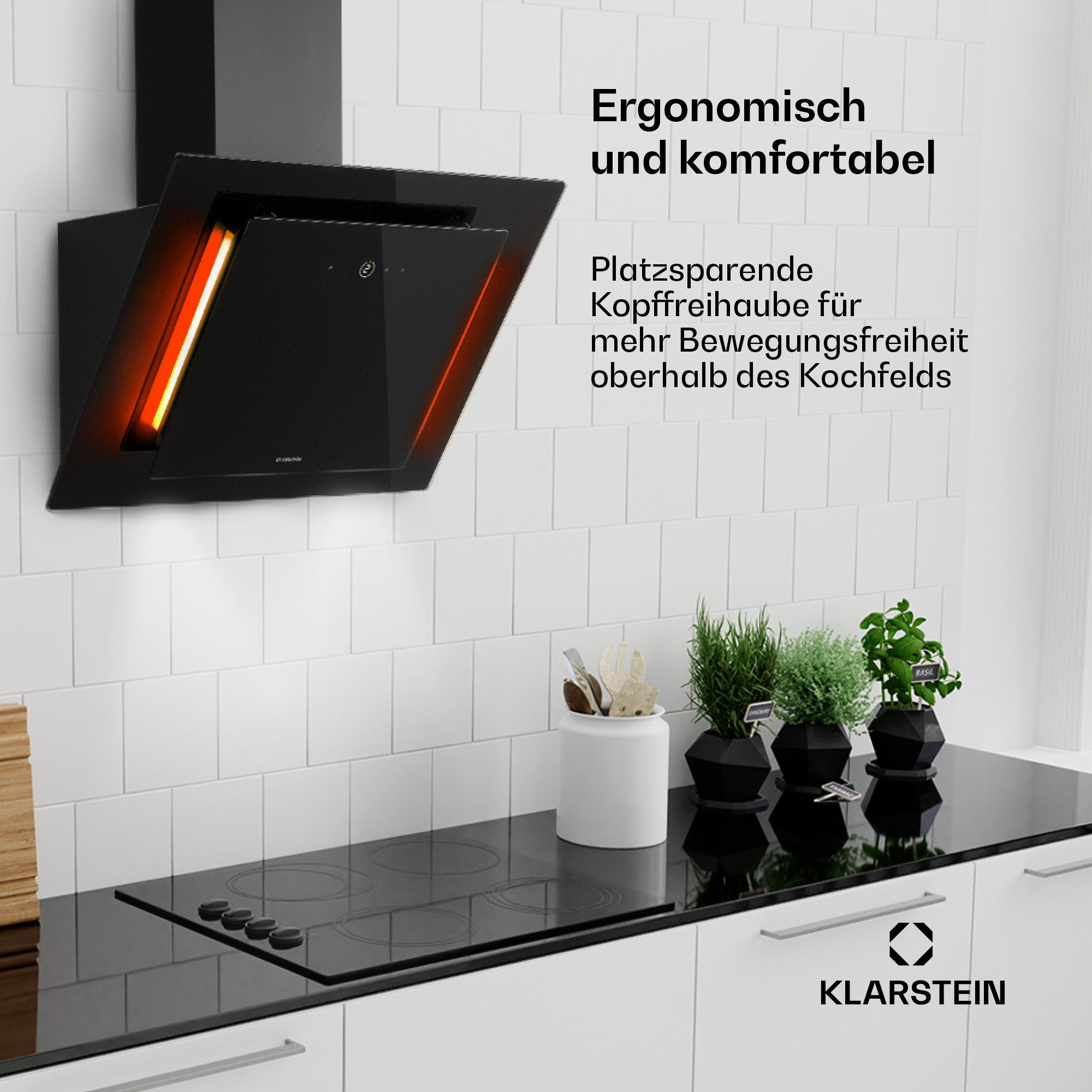 Klarstein Deckenhaube Eleonora 60 Serie Eleonora 60 Dunstabzugshaube 60 cm 426 m³/h Touch RGB Ambiente A++ Eleonora 60, Abzugshaube mit Glasfront Panel & RGB-Ambiente-Licht