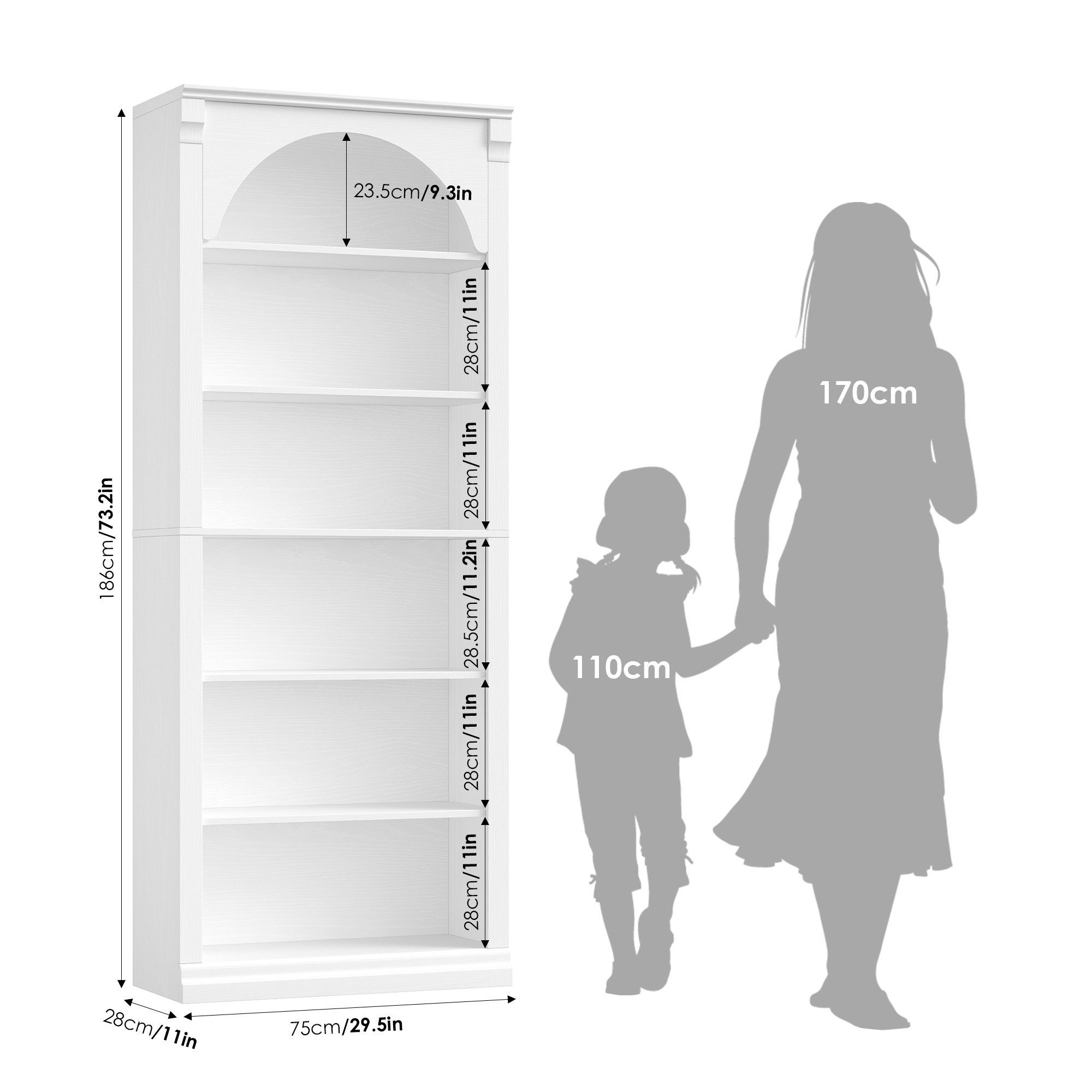 Homfa Bücherregal gewölbtes Bücherschrank, Standregal mit 6 Fächern 75x28x186cm Weiß
