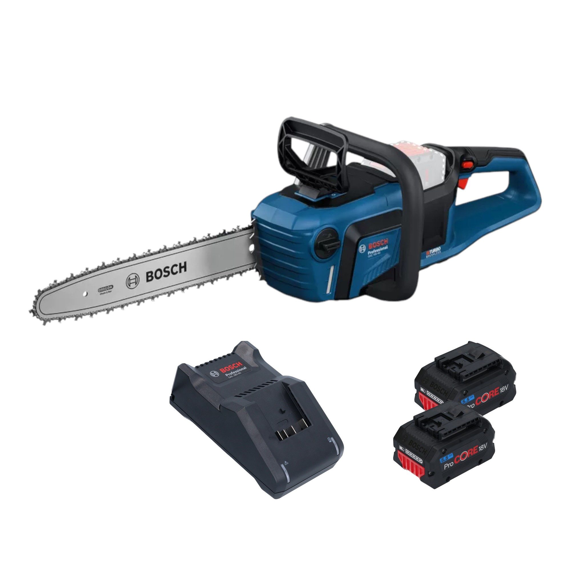 Bosch Professional Benzin-Kettensäge GKE18V-40 Professional 18 V 40 cm + 2x ProCORE Akku 5,5 Ah + Ladegerät