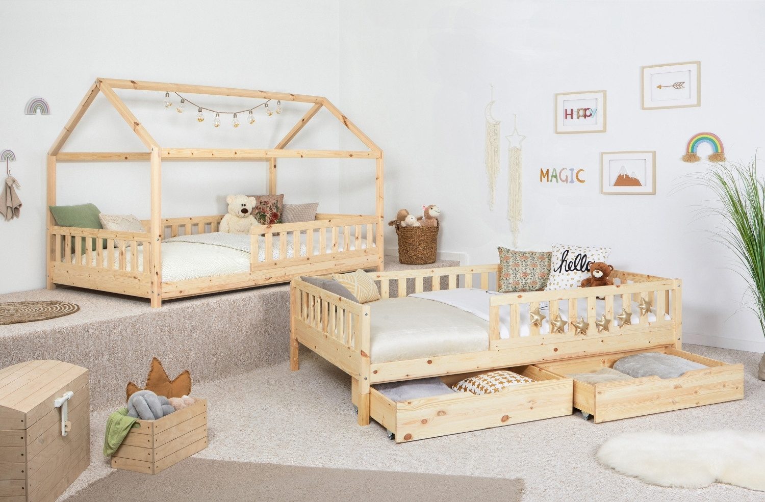 Ticaa Hausbett Duo mit Rausfallschutz und Schubkasten aus Kiefer, Bodenbett günstig online kaufen