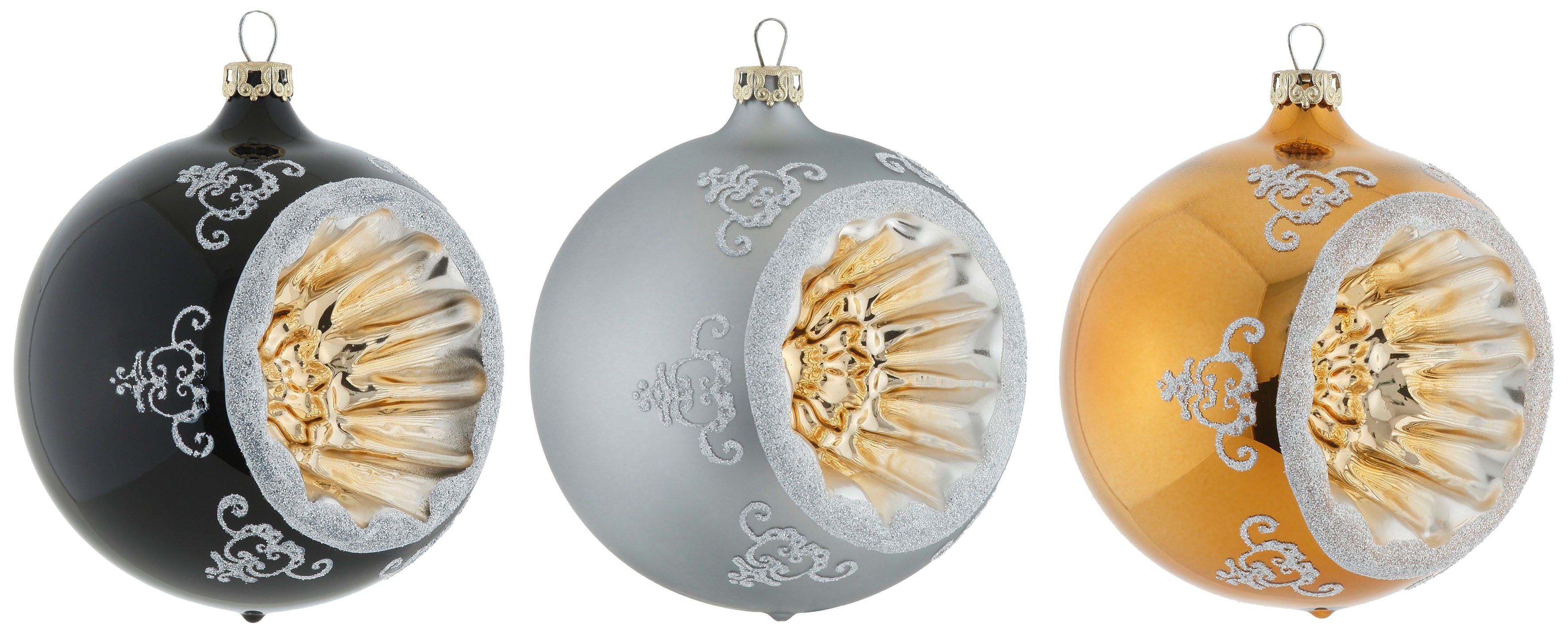 Thüringer Glasdesign aus Black&White&Gold, Weihnachtsdeko, Weihnachtsbaumkugel Christbaumschmuck (3 Glas, Refelexkugeln St), Christbaumkugeln hochwertige