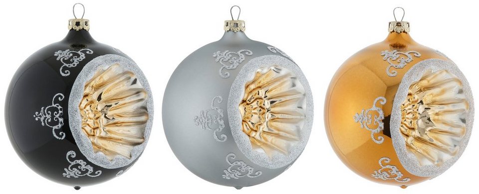 Thüringer Glasdesign Weihnachtsbaumkugel Black&White&Gold, Weihnachtsdeko,  Christbaumschmuck (3 St), hochwertige Christbaumkugeln aus Glas,  Refelexkugeln