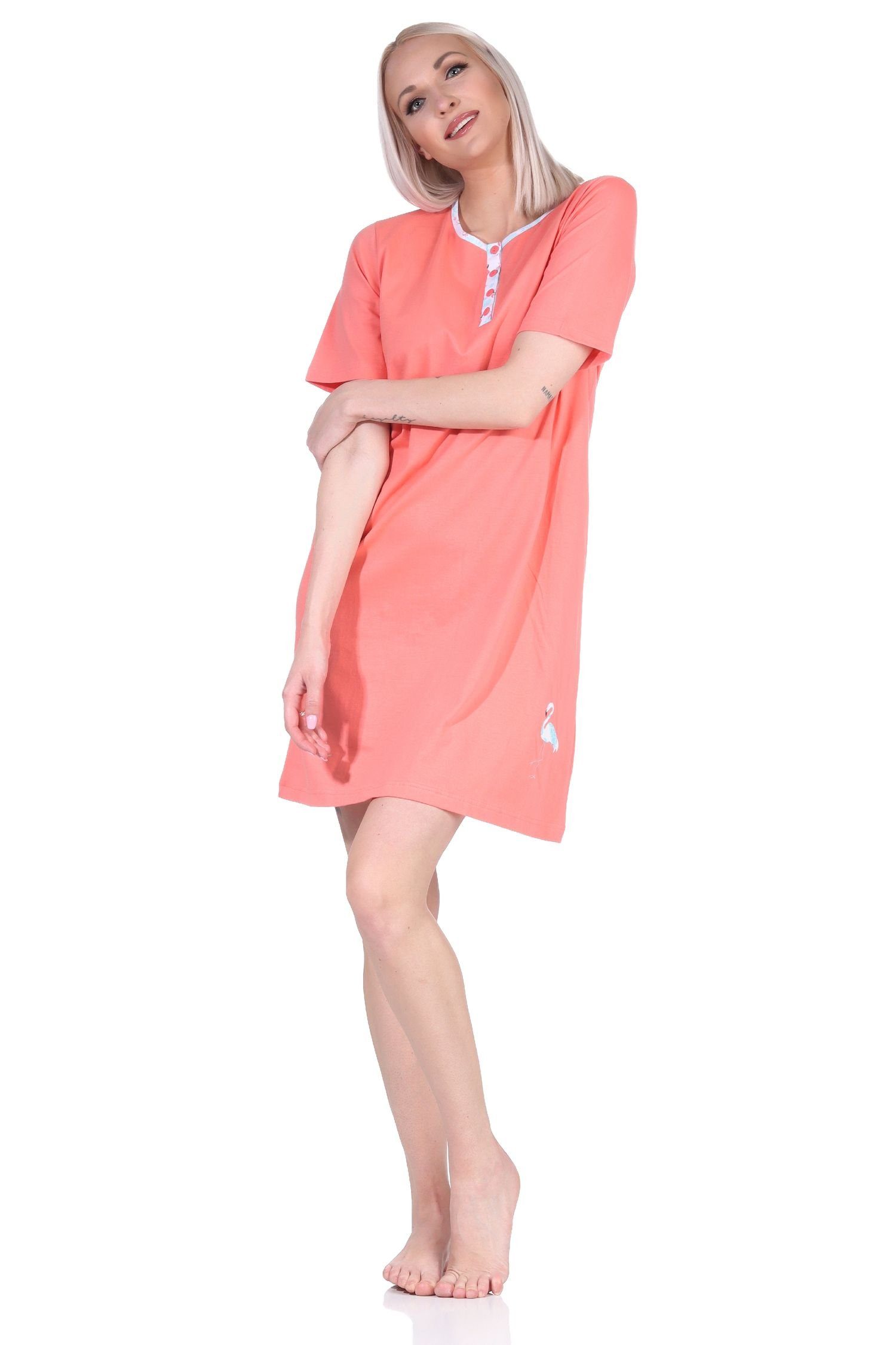 Normann Nachthemd Damen kurzarm apricot und Knopfleiste mit Motiv Nachthemd am Hals Flamingo