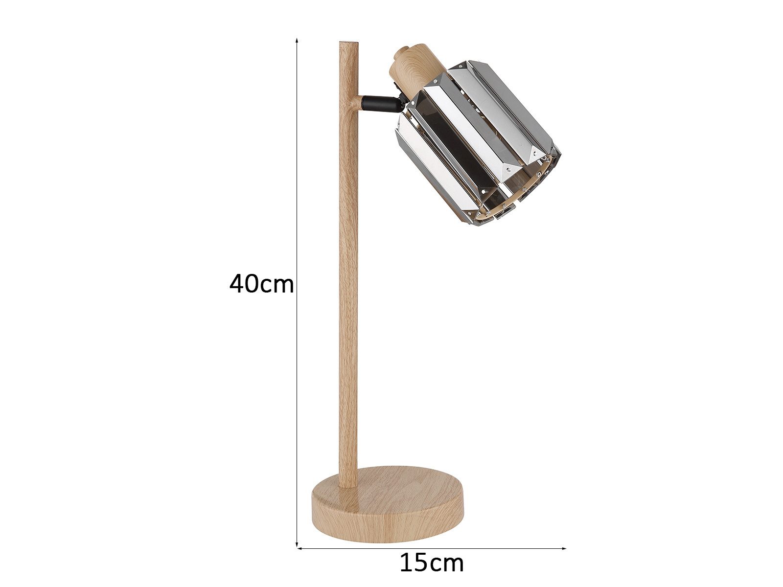 NOWA LED Nachttischlampe Schirm Rauchglas Kristall Höhe 40cm, Dimmfunktion, LED wechselbar, Warmweiß, große ausgefallene Tischlampe Metall Holzoptik, Leuchtmittel dimmbar