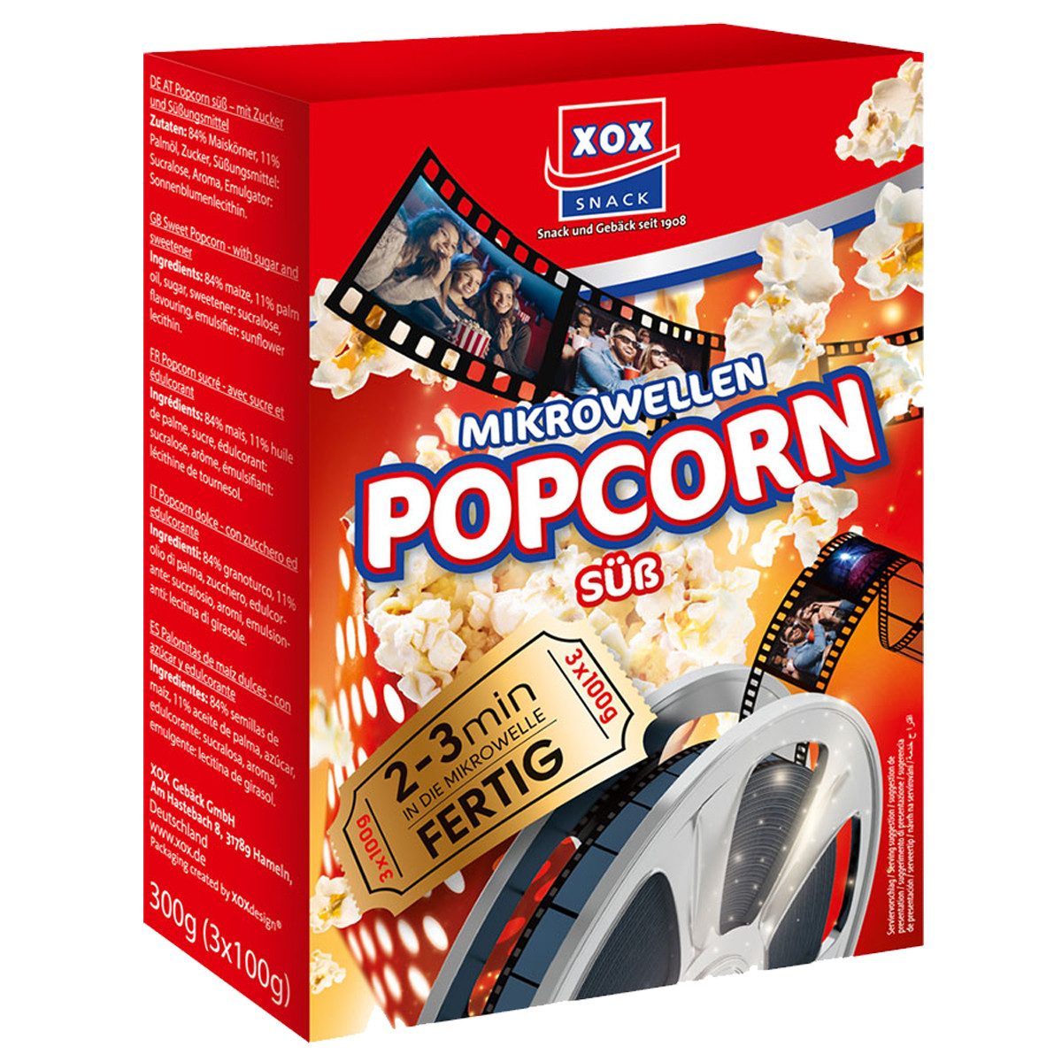 XOX Knabberei, XOX Mikrowellen Popcorn suess luftig knusprig und schnell gemacht 300g